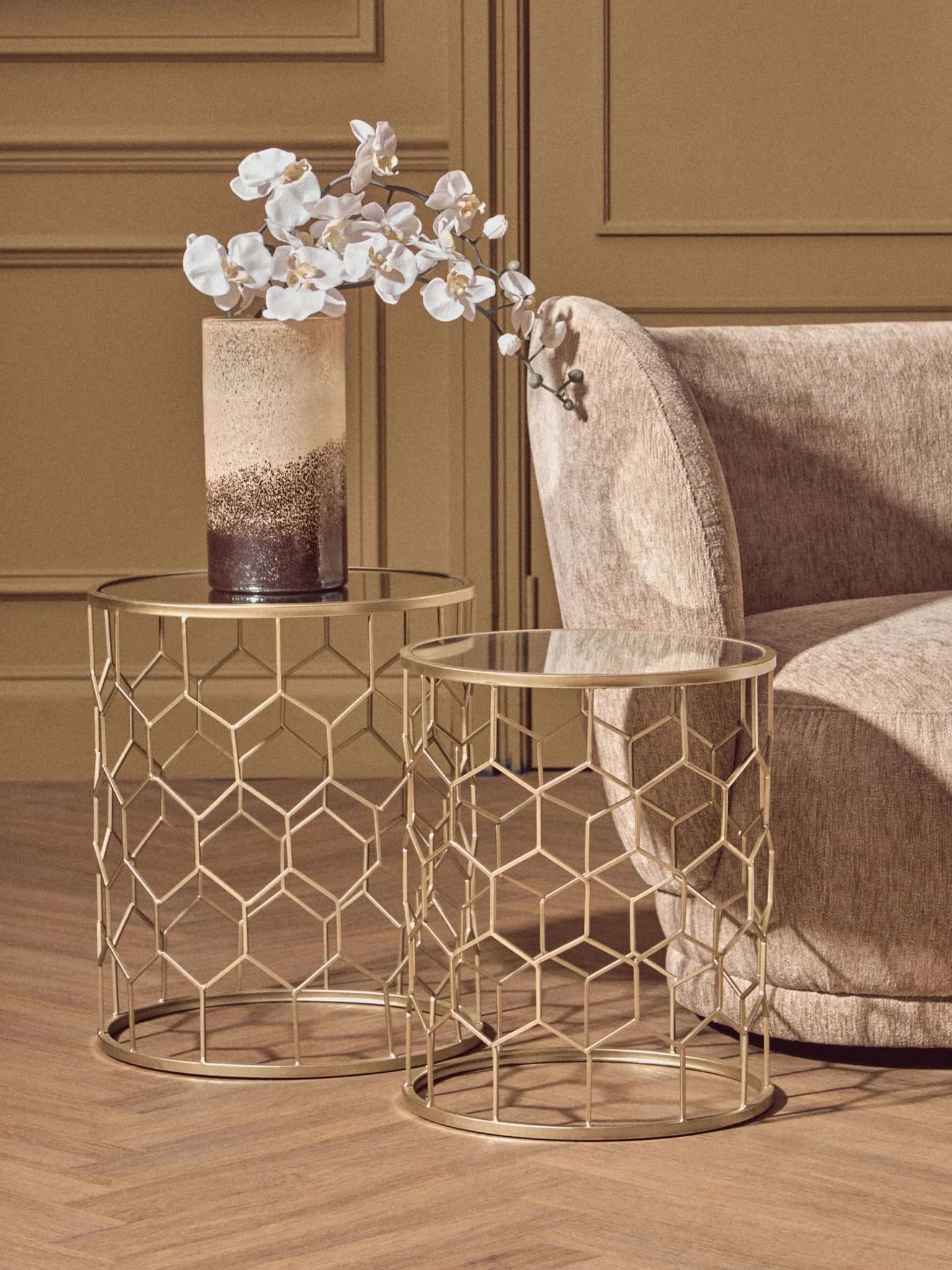 Arcana Champagne Finish Set Of Two Honeycomb Side Tables. - Tables, photo 5 of 7