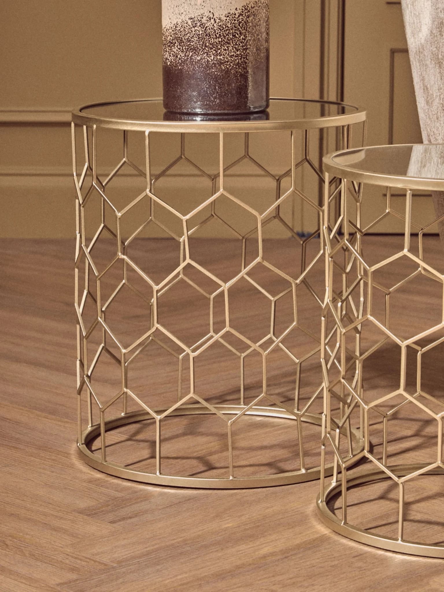 Arcana Champagne Finish Set Of Two Honeycomb Side Tables. - Tables, photo 4 of 7