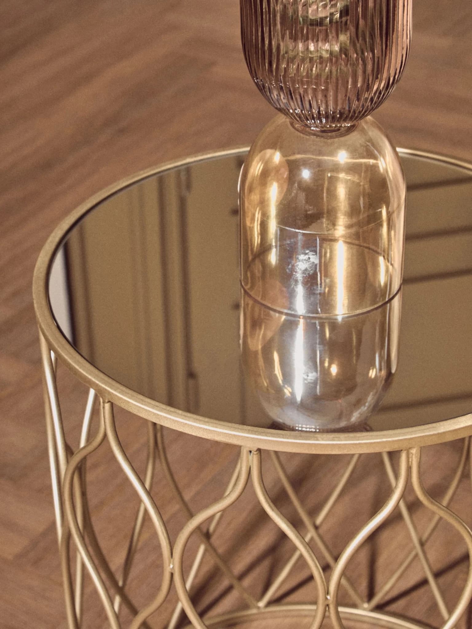 Arcana Champagne Finish and Mirrored Top Set Of Two Round Side Tables - Tables, photo 2 of 7