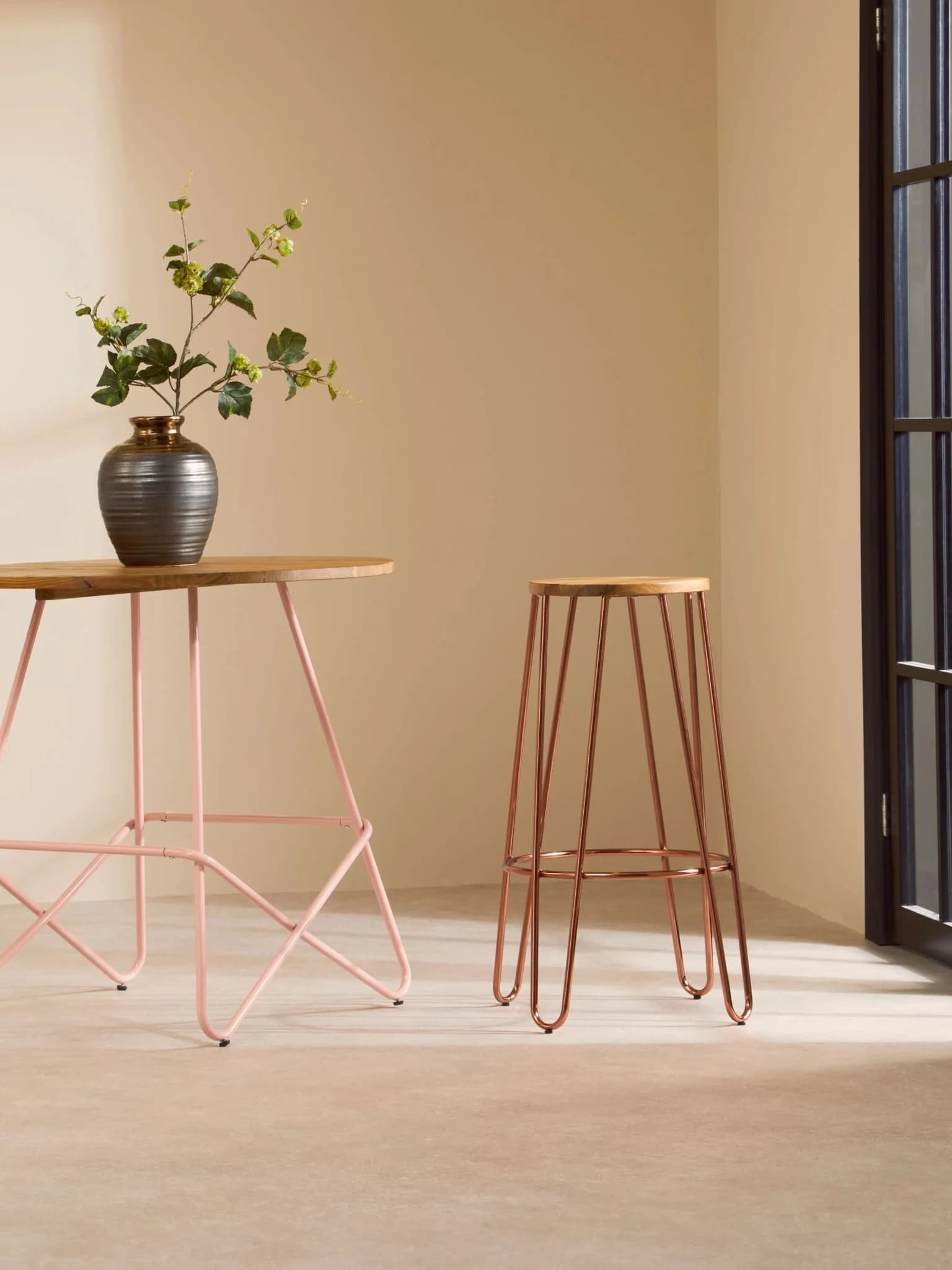 District Rose Gold Finish Wooden Top Bar Stool With Metal Legs - Seating, photo 3 of 7