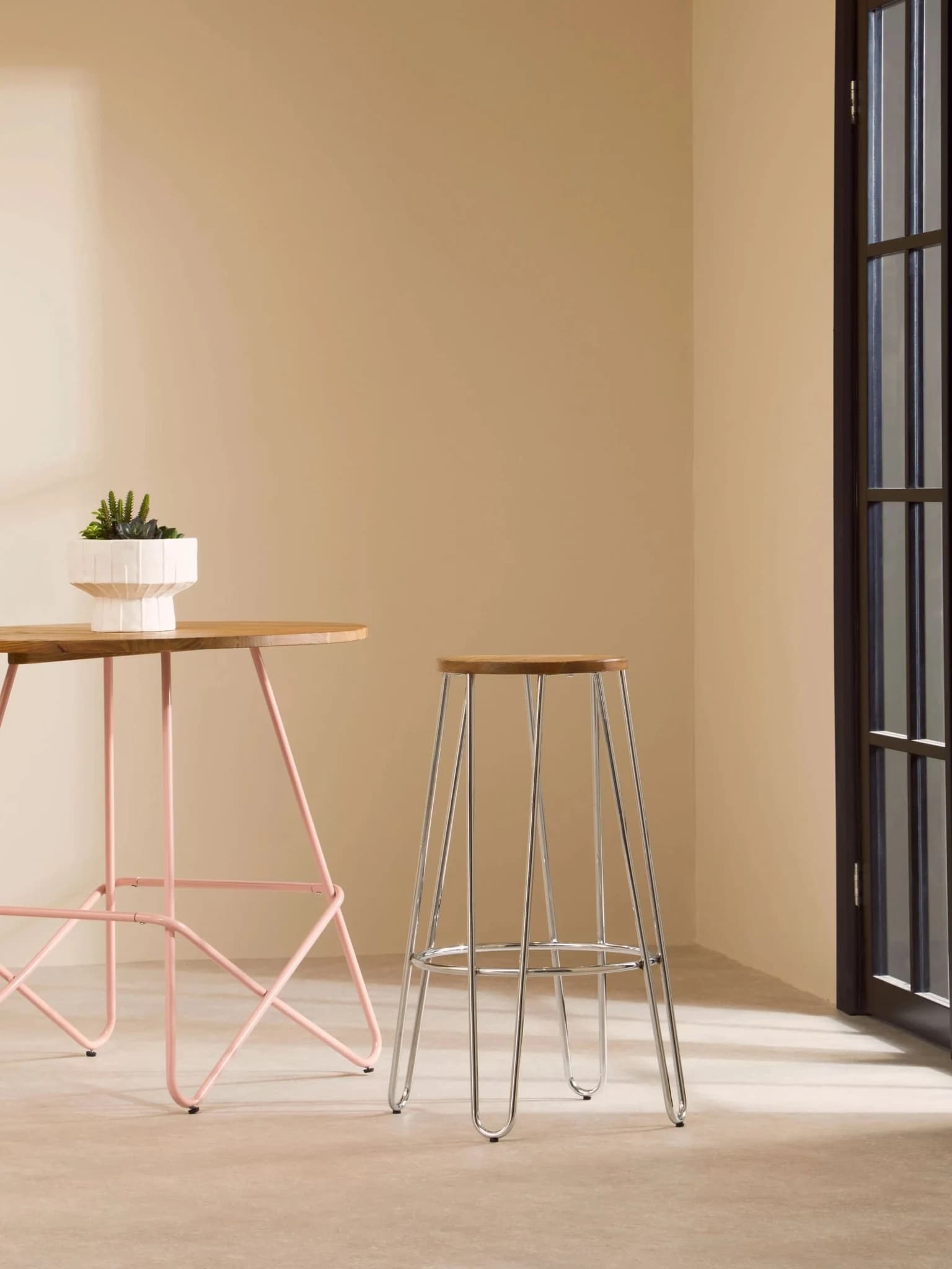District Wood and Chrome Finish Hairpin Legs Bar Stool - Seating, photo 3 of 7