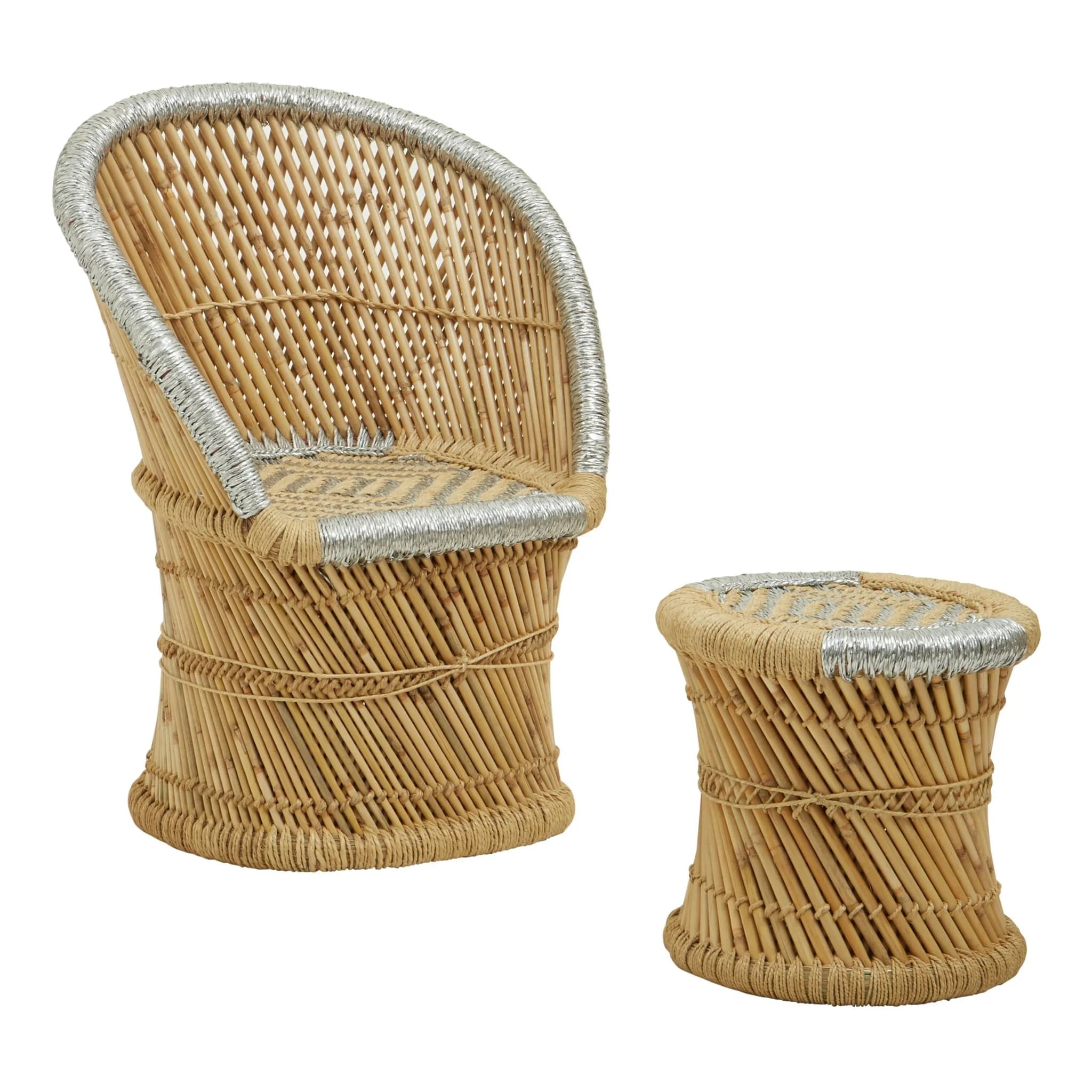 Rowan Natural And Grey Woven Bamboo Chair And Stool Set - Seating, photo 7 of 8