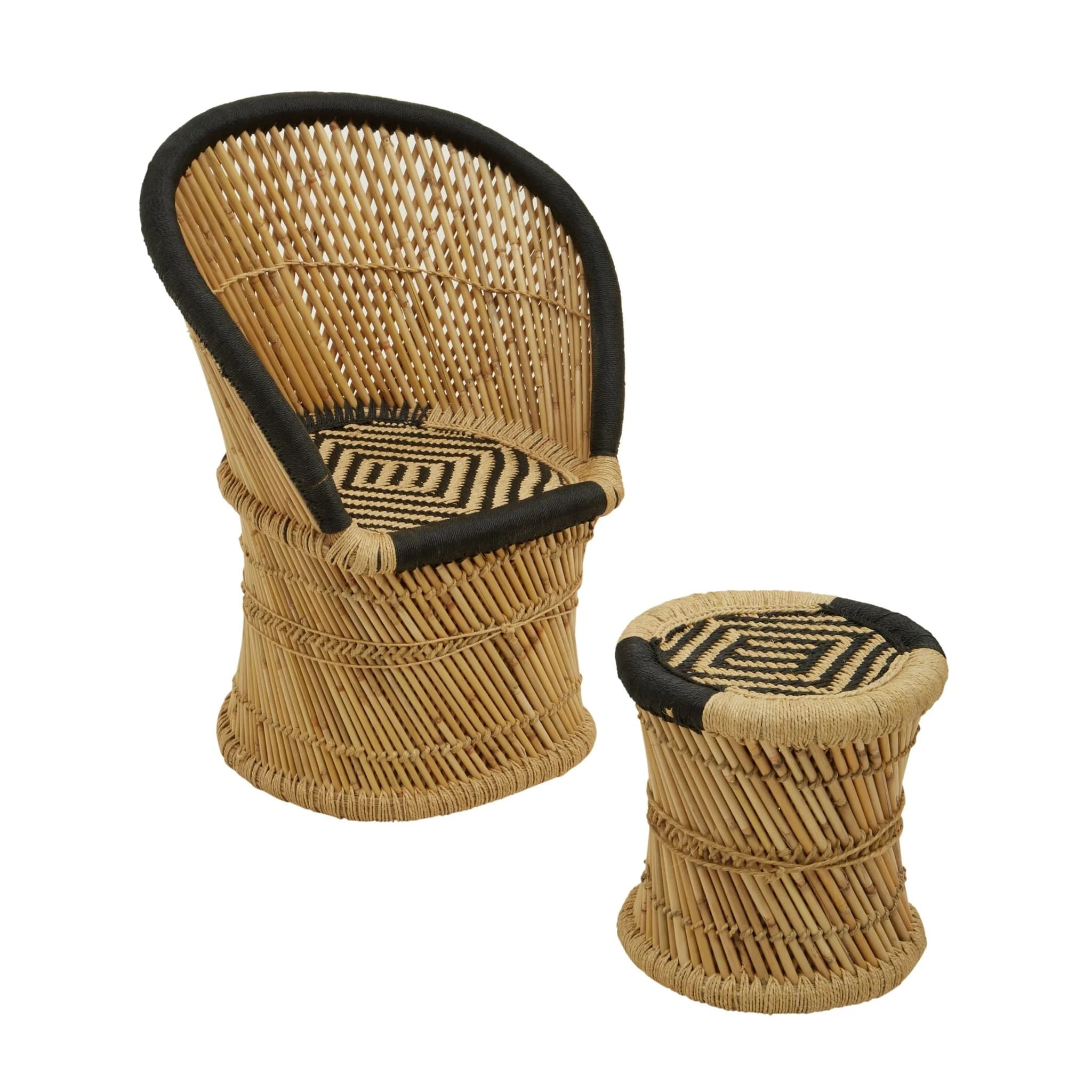 Rowan Natural And Black Woven Bamboo Chair And Stool Set - Seating, photo 7 of 8