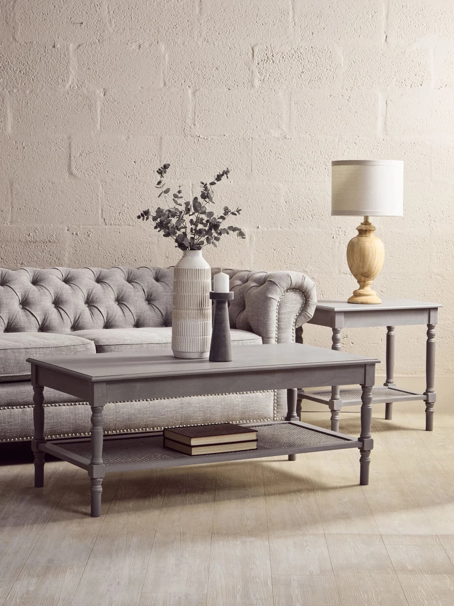 Heritage Grey Wash Wooden Coffee Table with Rattan Shelf - Bookcases & shelving, photo 4 of 8