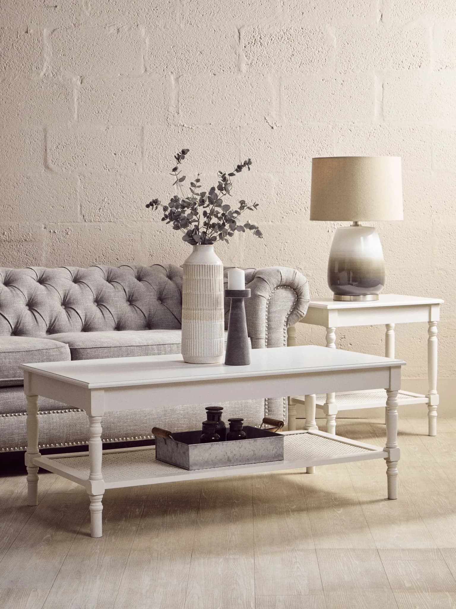Heritage White Wooden Coffee Table with Rattan Shelf - Bookcases & shelving, photo 4 of 8