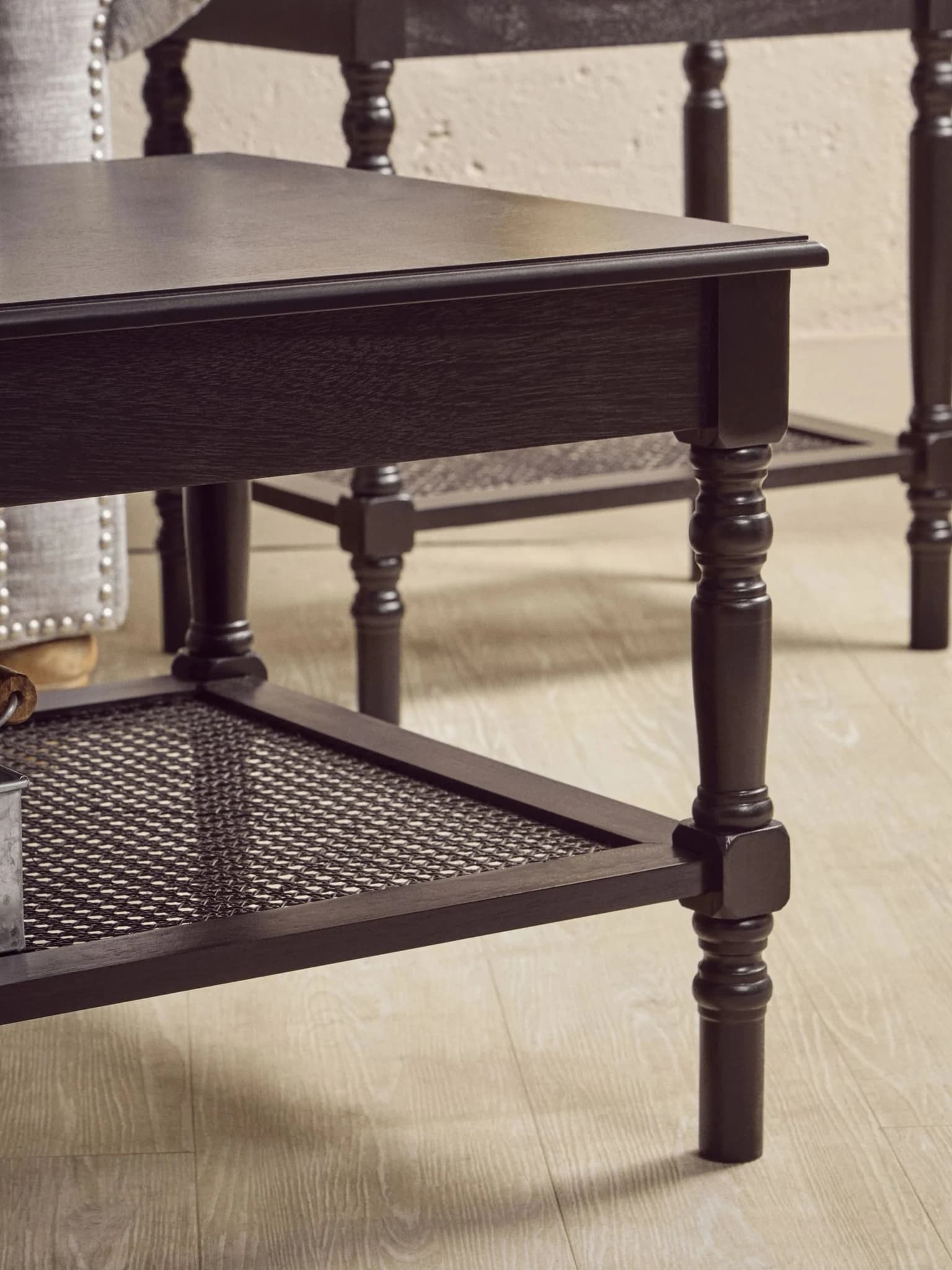 Heritage Black Wooden Coffee Table with Rattan Shelf - Bookcases & shelving, photo 4 of 8