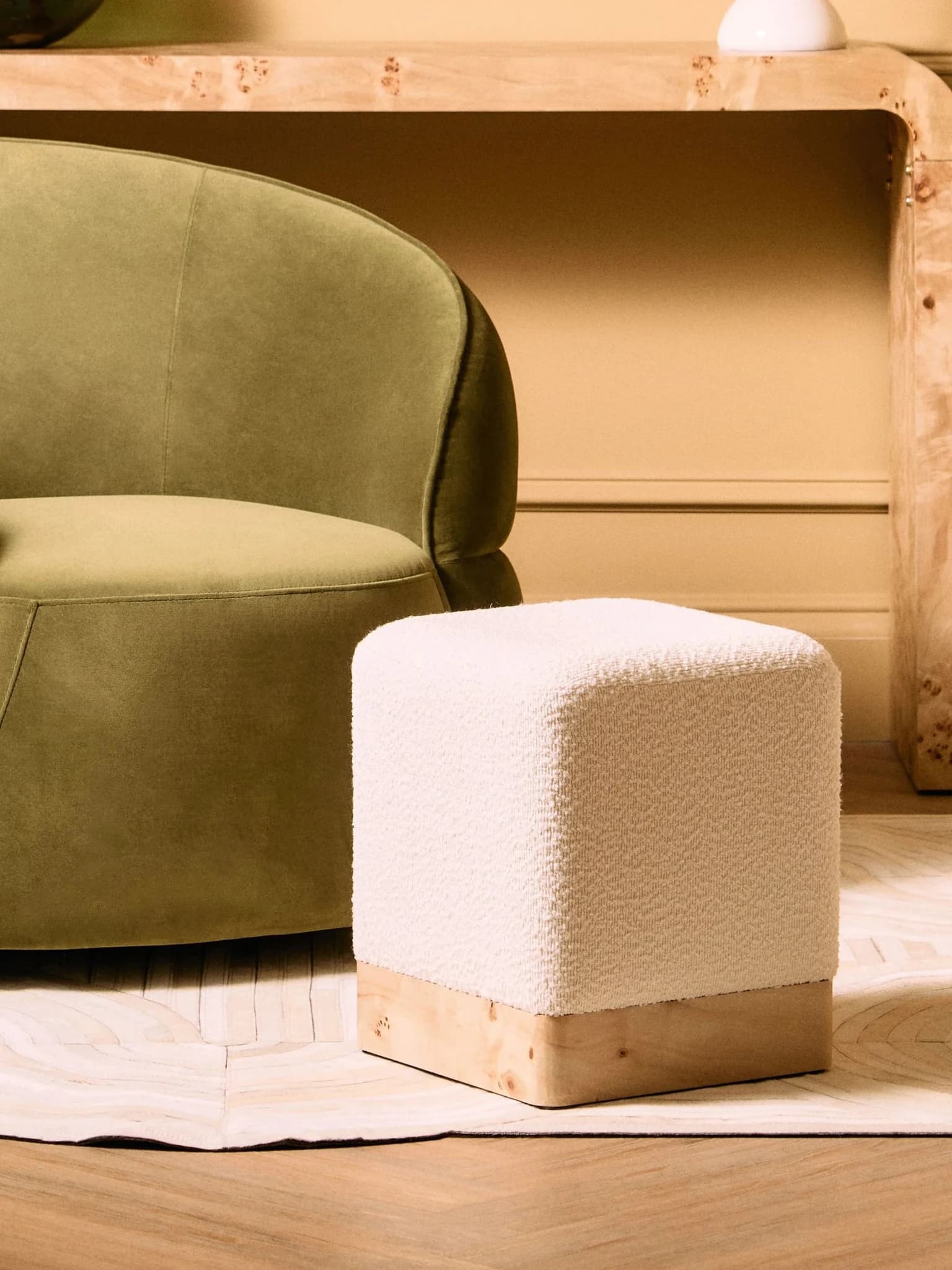 Mota Burl Wood And Cream Boucle Sqaure Stool - Seating, photo 4 of 8