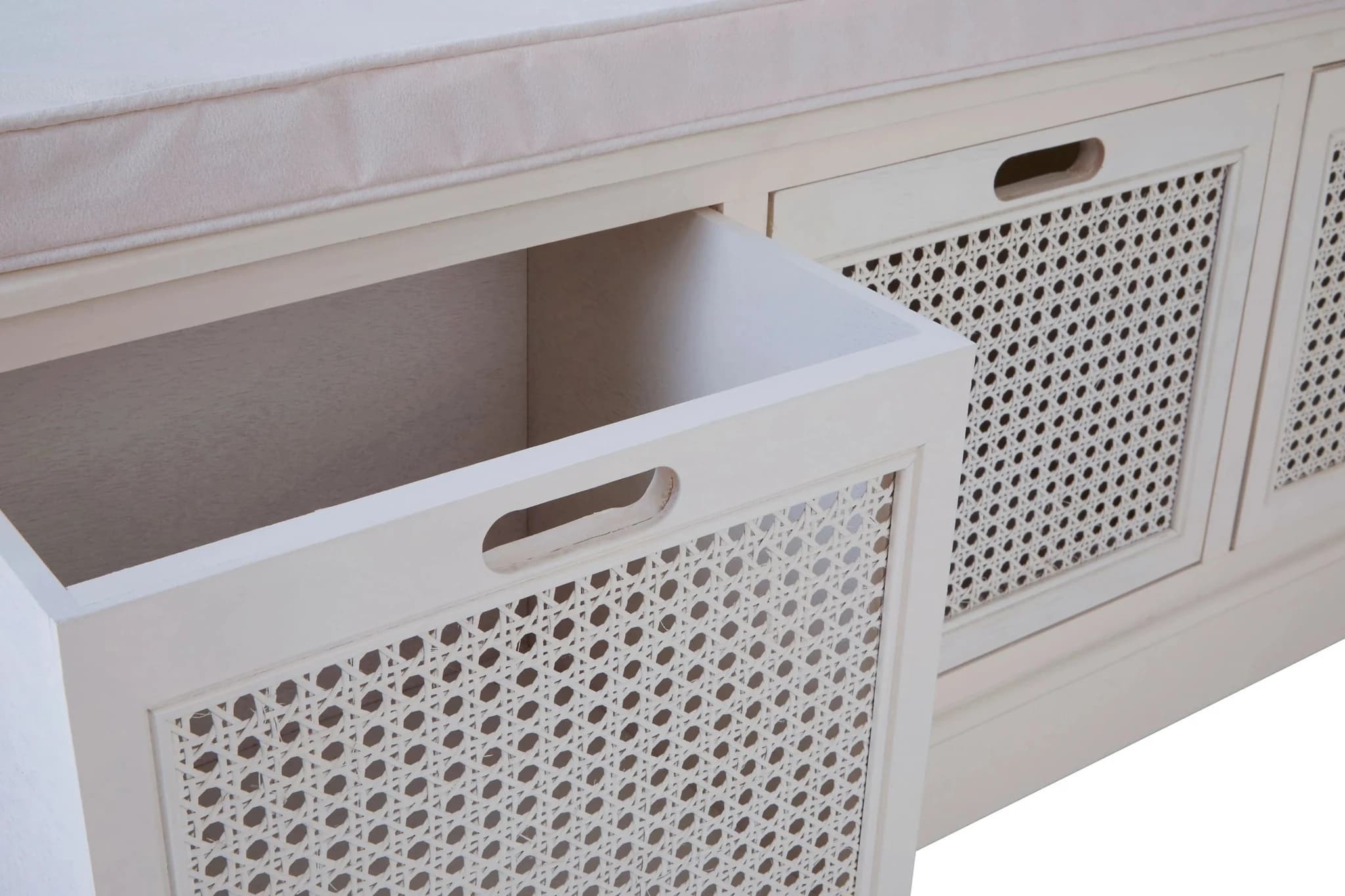 Heritage White Three Drawer Wooden and Rattan Storage Bench with Cushion - Bookcases & shelving, photo 6 of 6
