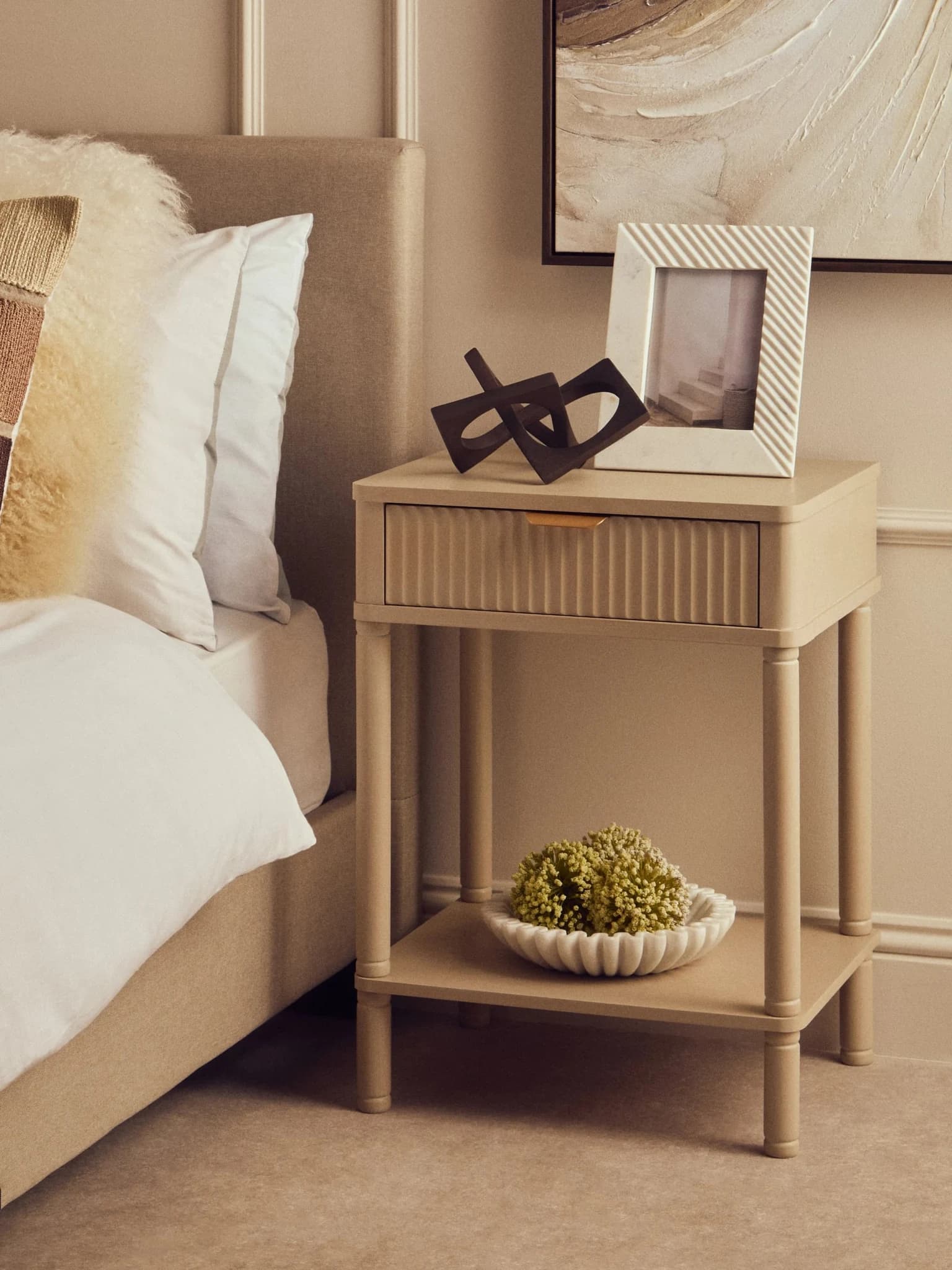 Heritage One Drawer Reed Detail Taupe Wooden Side Table - Tables, photo 6 of 8