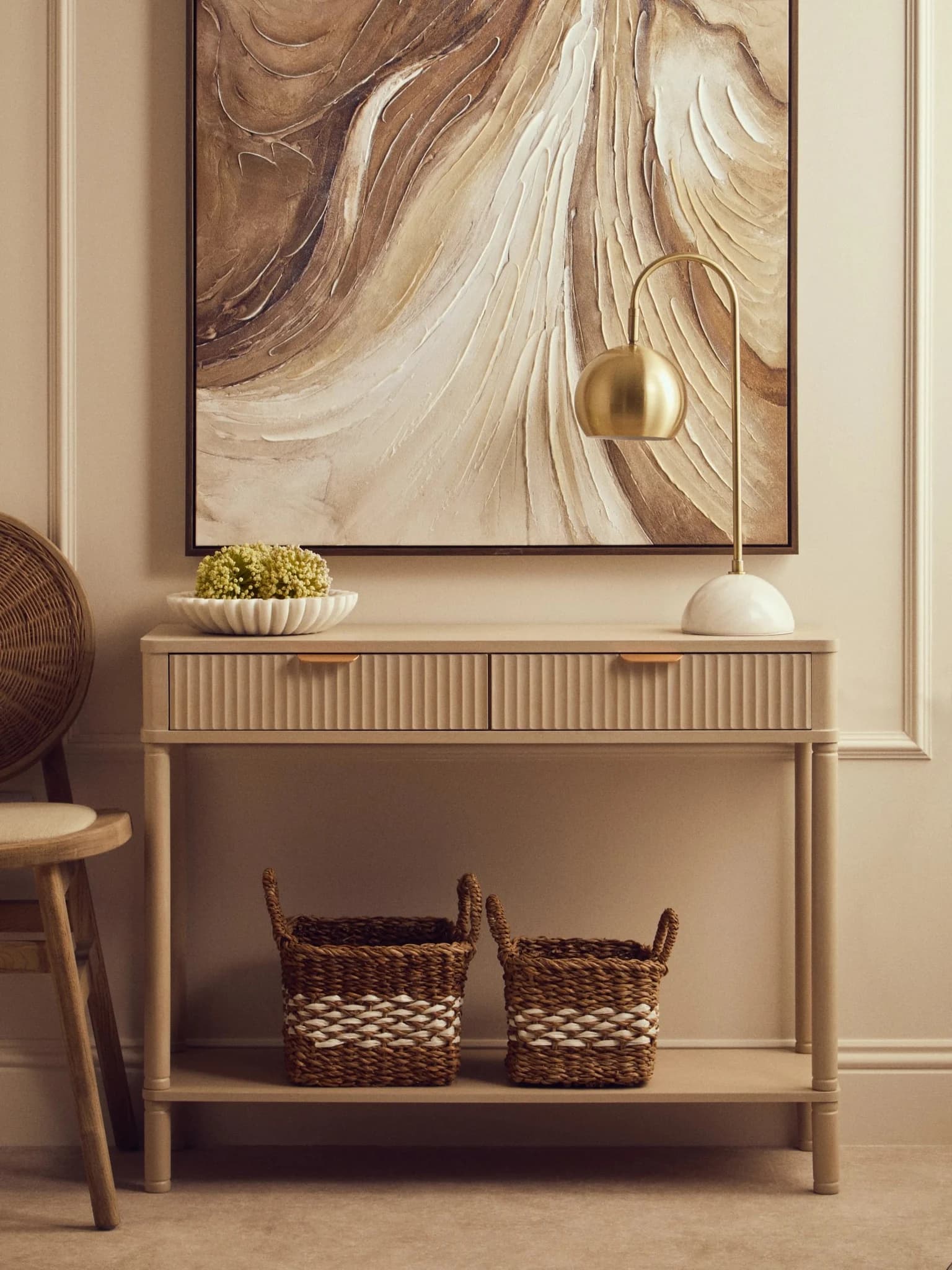 Heritage Two Drawer Reed Detail Taupe Wooden Console Table - Tables, photo 7 of 8