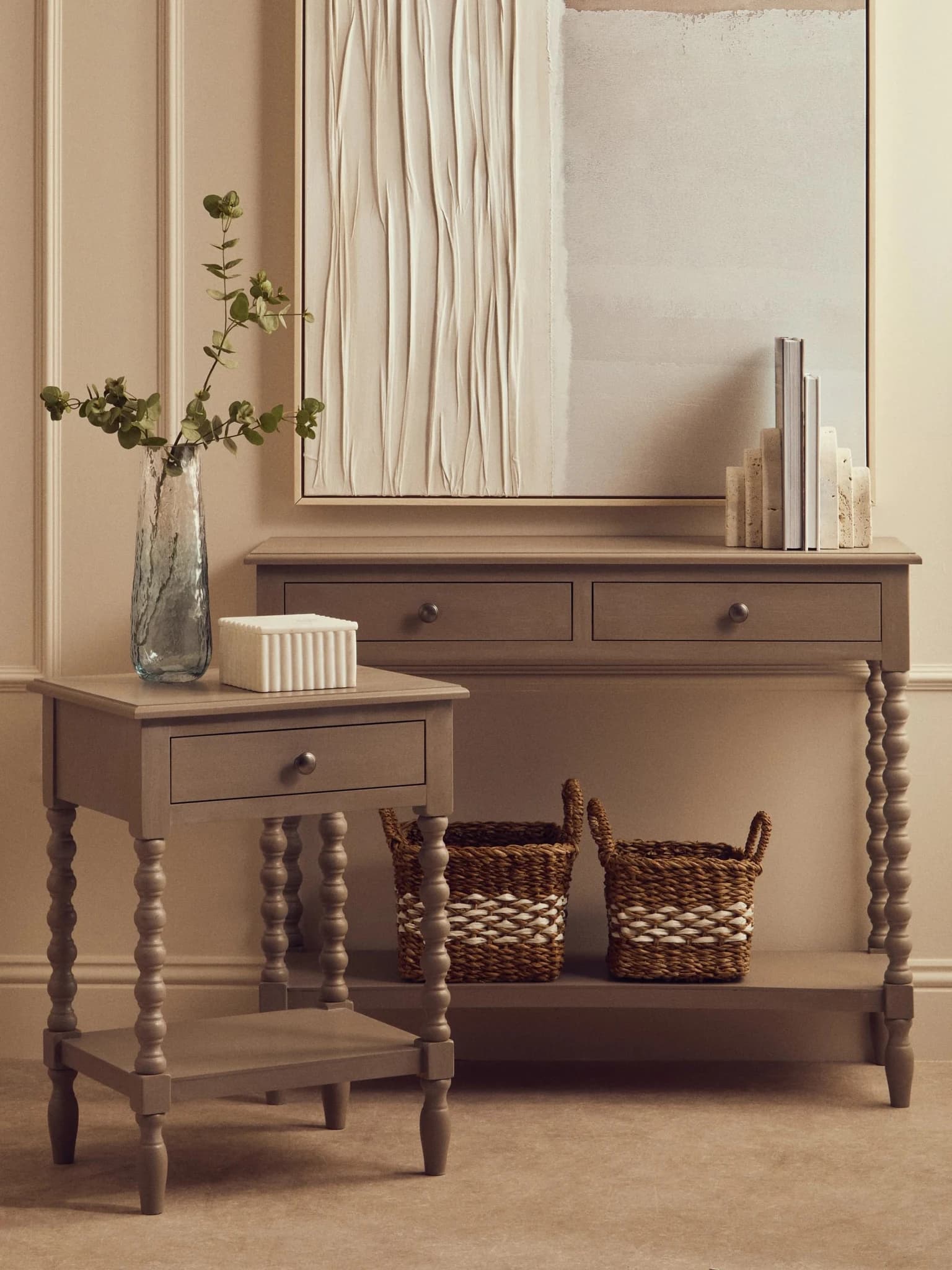 Heritage Two Drawer Bobble Detail Grey Wooden Console Table - Tables, photo 2 of 8