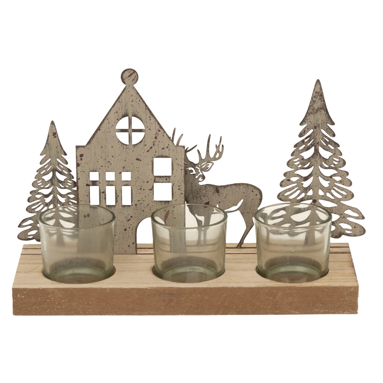 Rustic Metal Scene Tealight On Wood Stand With Glass Votives - Candles, photo 2 of 3