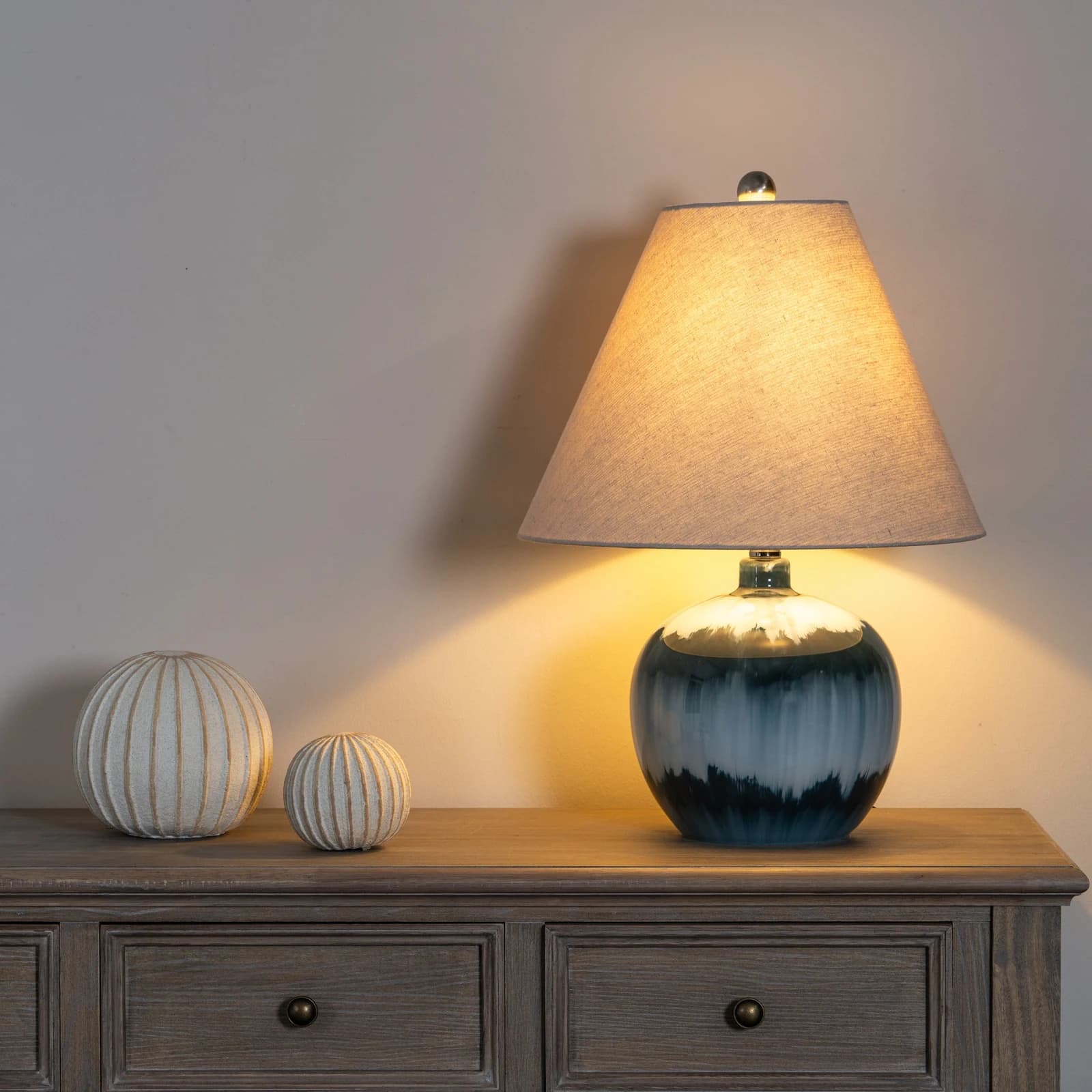 Ocean Shadows Squat Table Lamp With Linen Shade - Table lamps, photo 3 of 6