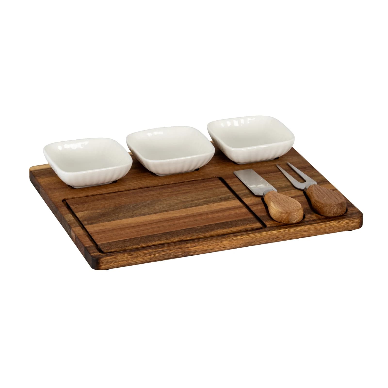 Acacia Cheese Board Set With White Ceramic Bowls And Cutlery - Trays & baskets, photo 2 of 6