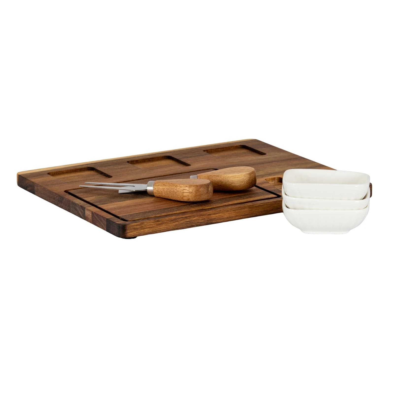 Acacia Cheese Board Set With White Ceramic Bowls And Cutlery - Trays & baskets, photo 3 of 6