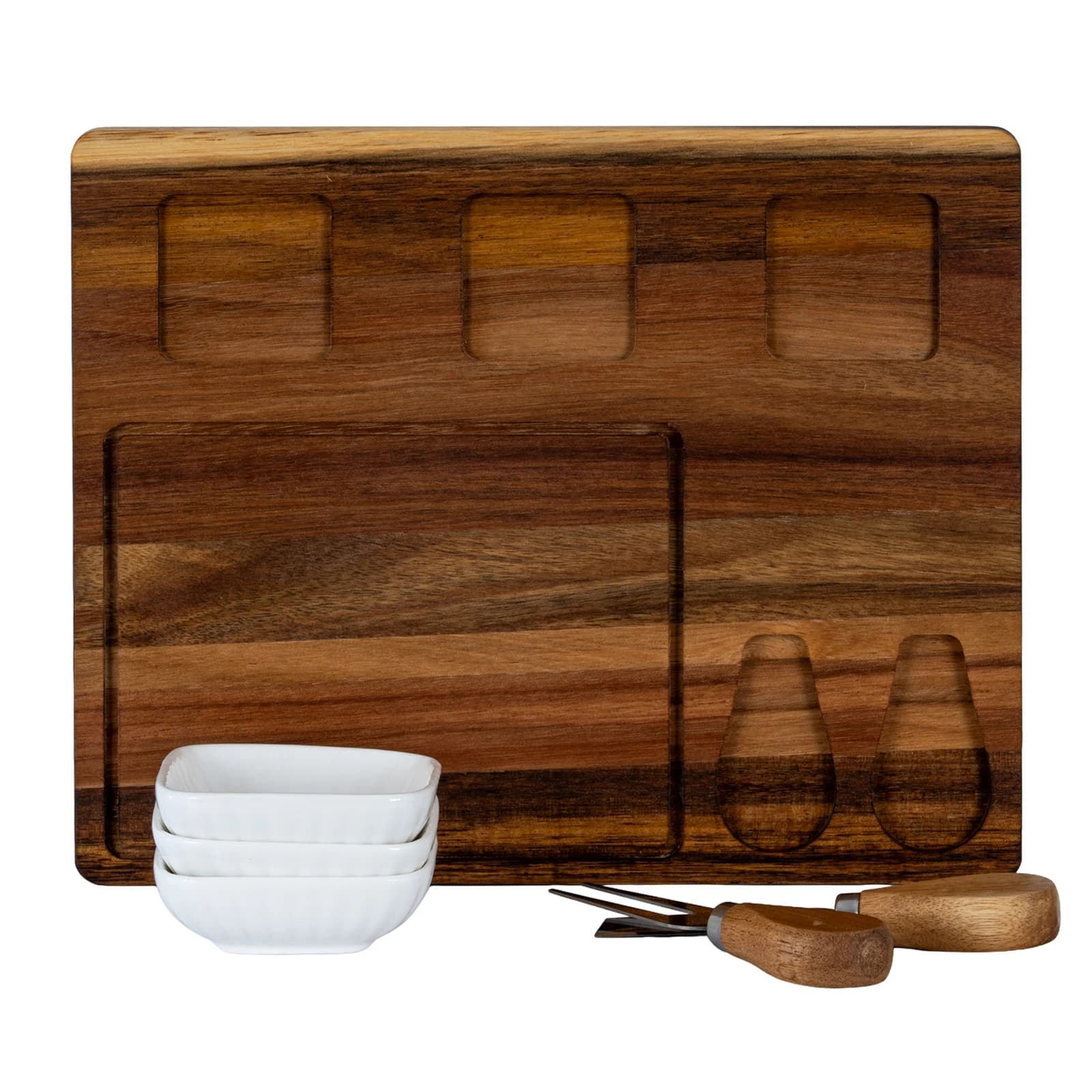 Acacia Cheese Board Set With White Ceramic Bowls And Cutlery - Trays & baskets, photo 4 of 6