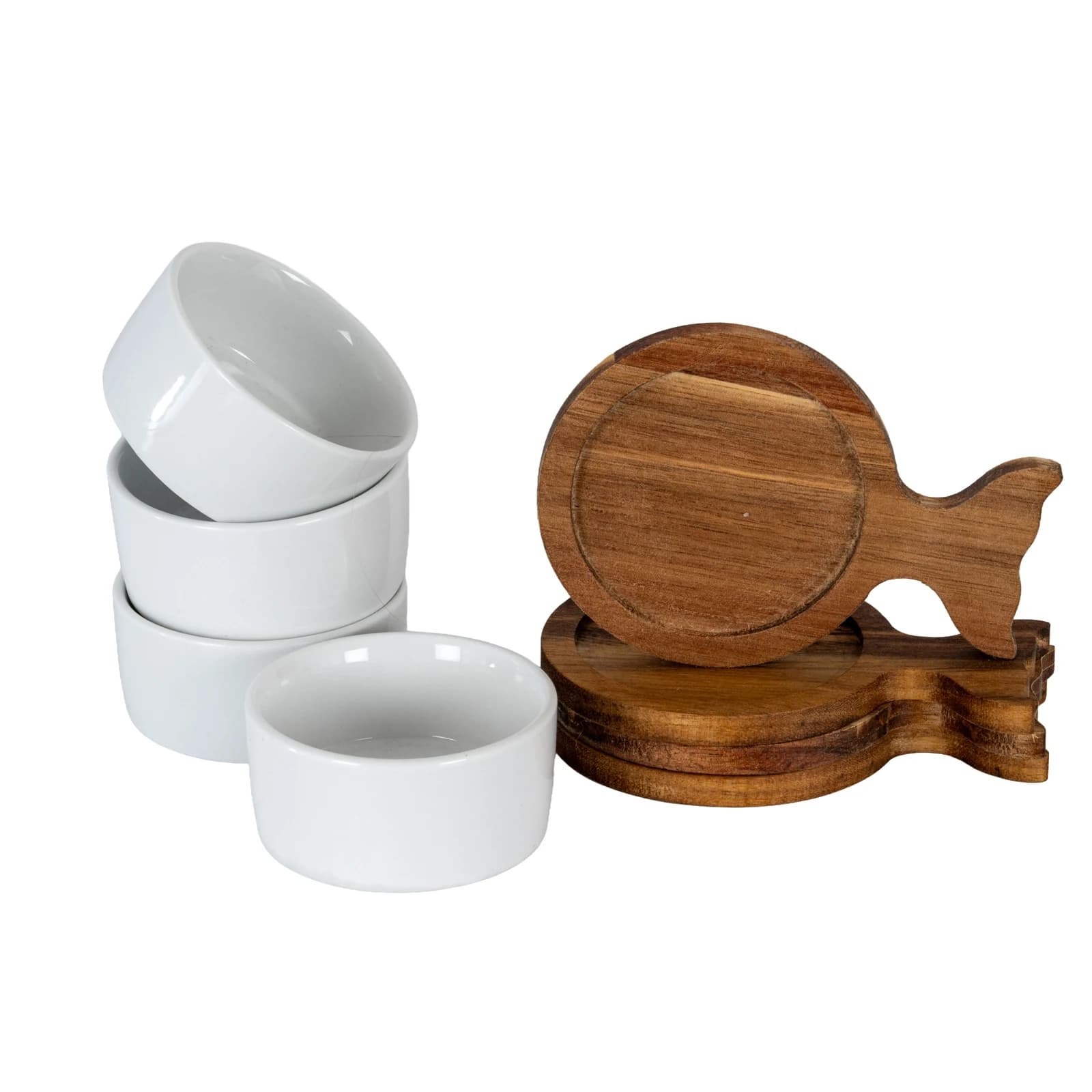 Set Of 4 Acacia Fishtail Serving Trays with Ceramic Bowls - Console tables, photo 4 of 6
