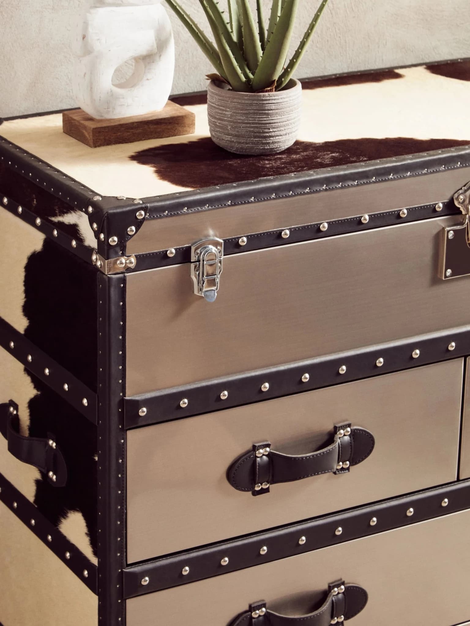 Kensington Townhouse Black And White Hair on Leather 3 Drawer Cabinet - Bookcases & shelving, photo 4 of 8