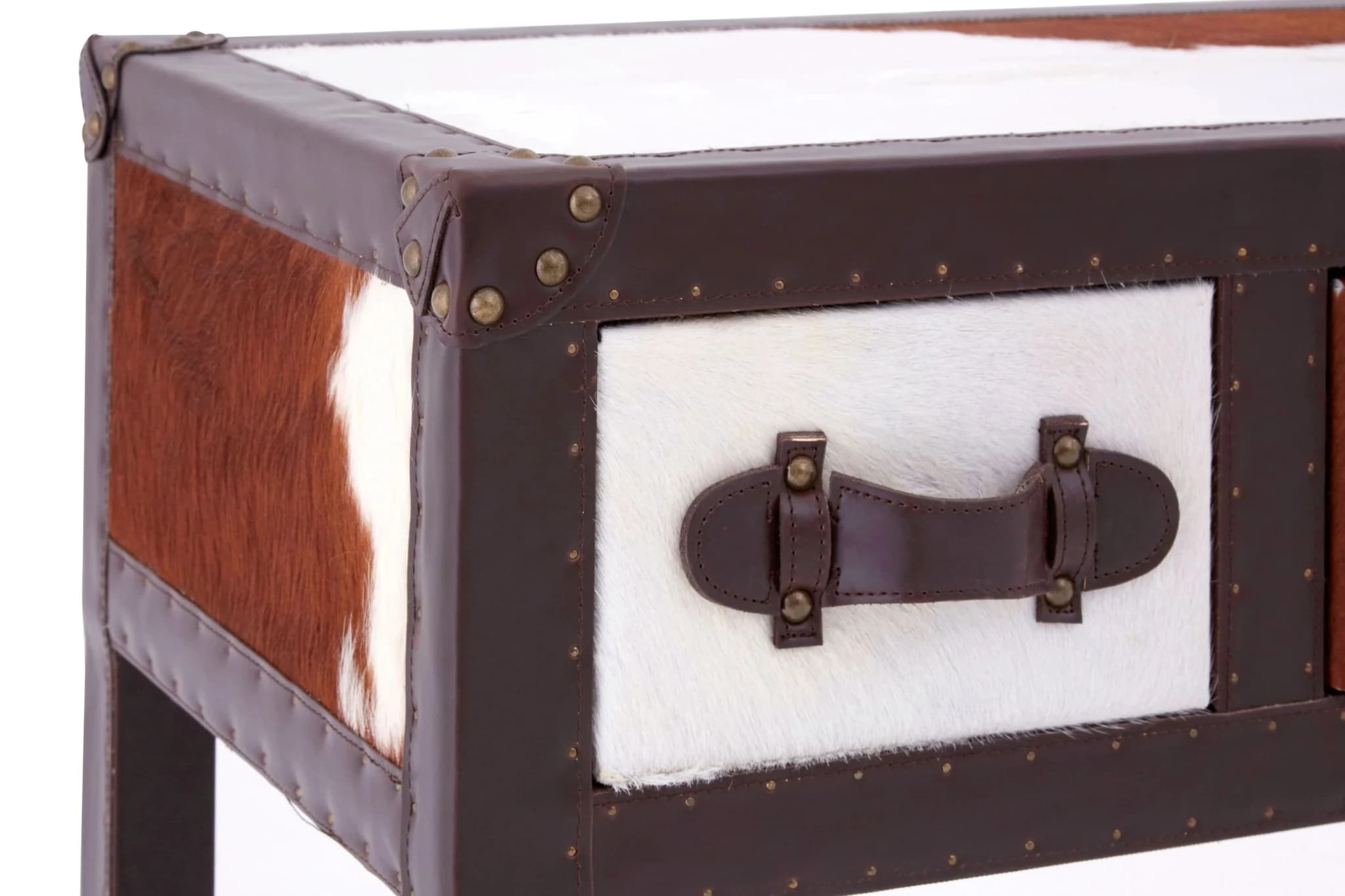 Kensington Townhouse Brown And White Hair on Leather 3 Drawer Console Table - Tables, photo 8 of 8