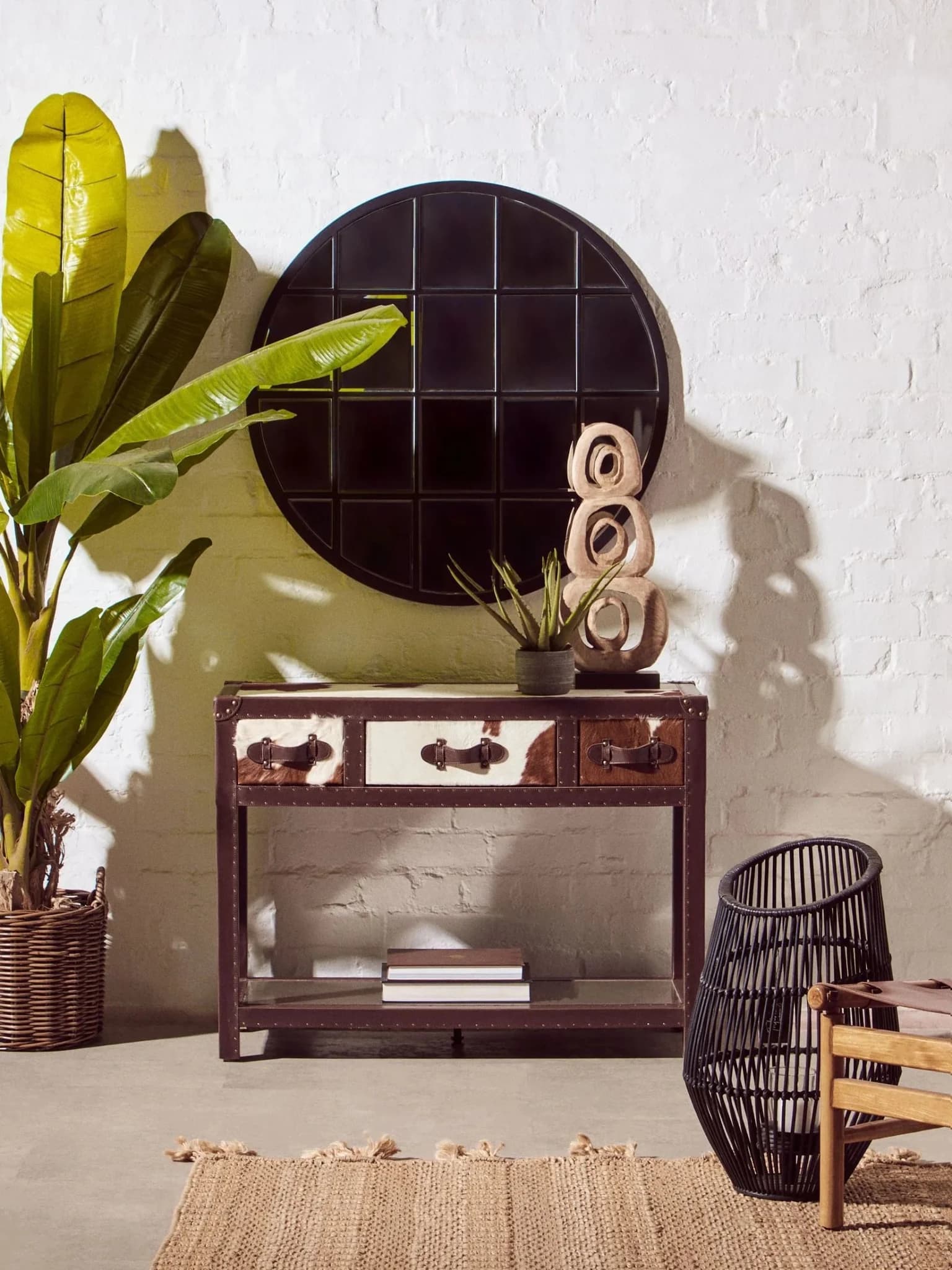 Kensington Townhouse Brown And White Hair on Leather 3 Drawer Console Table - Tables, photo 6 of 8