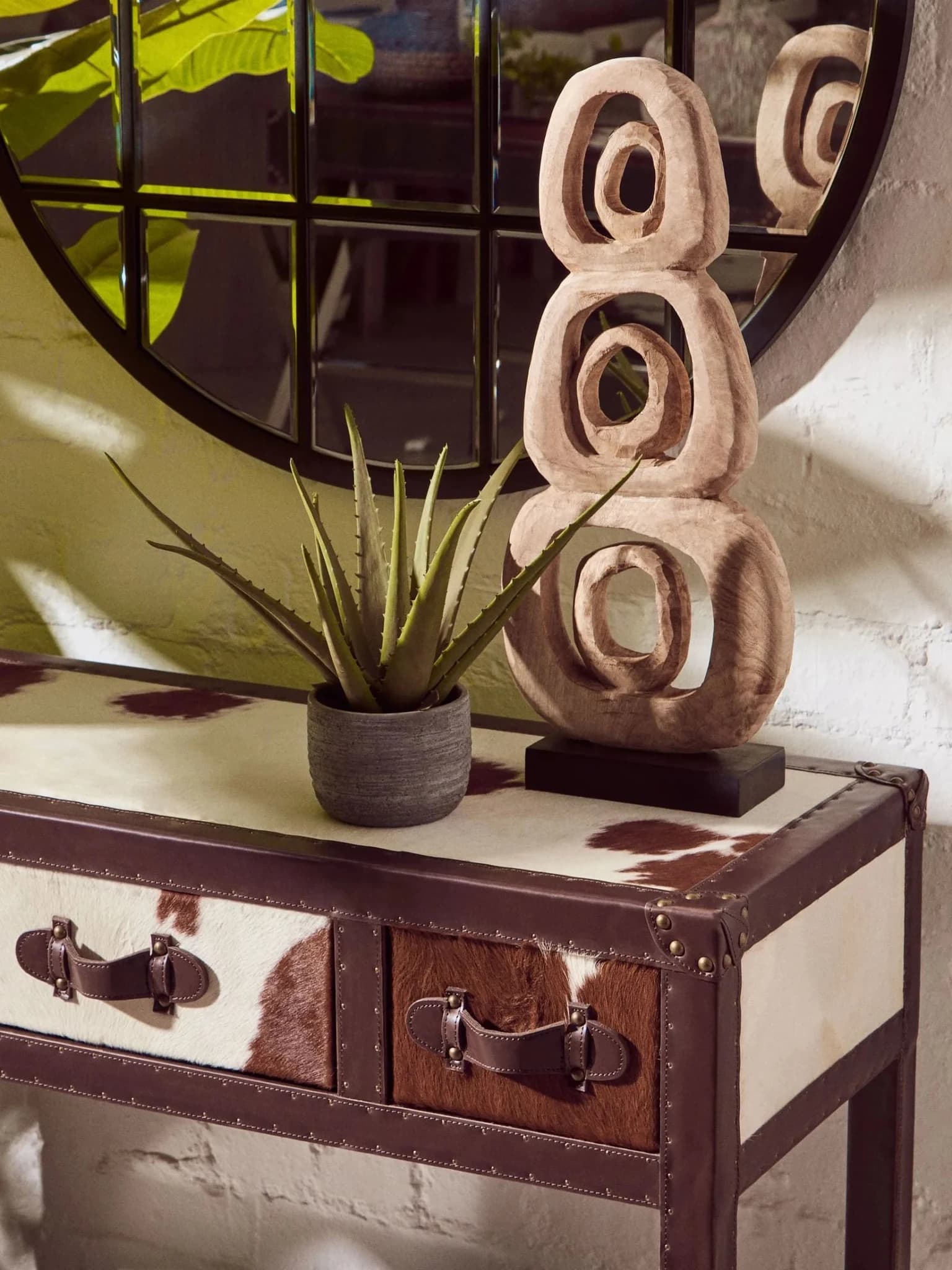 Kensington Townhouse Brown And White Hair on Leather 3 Drawer Console Table - Tables, photo 4 of 8