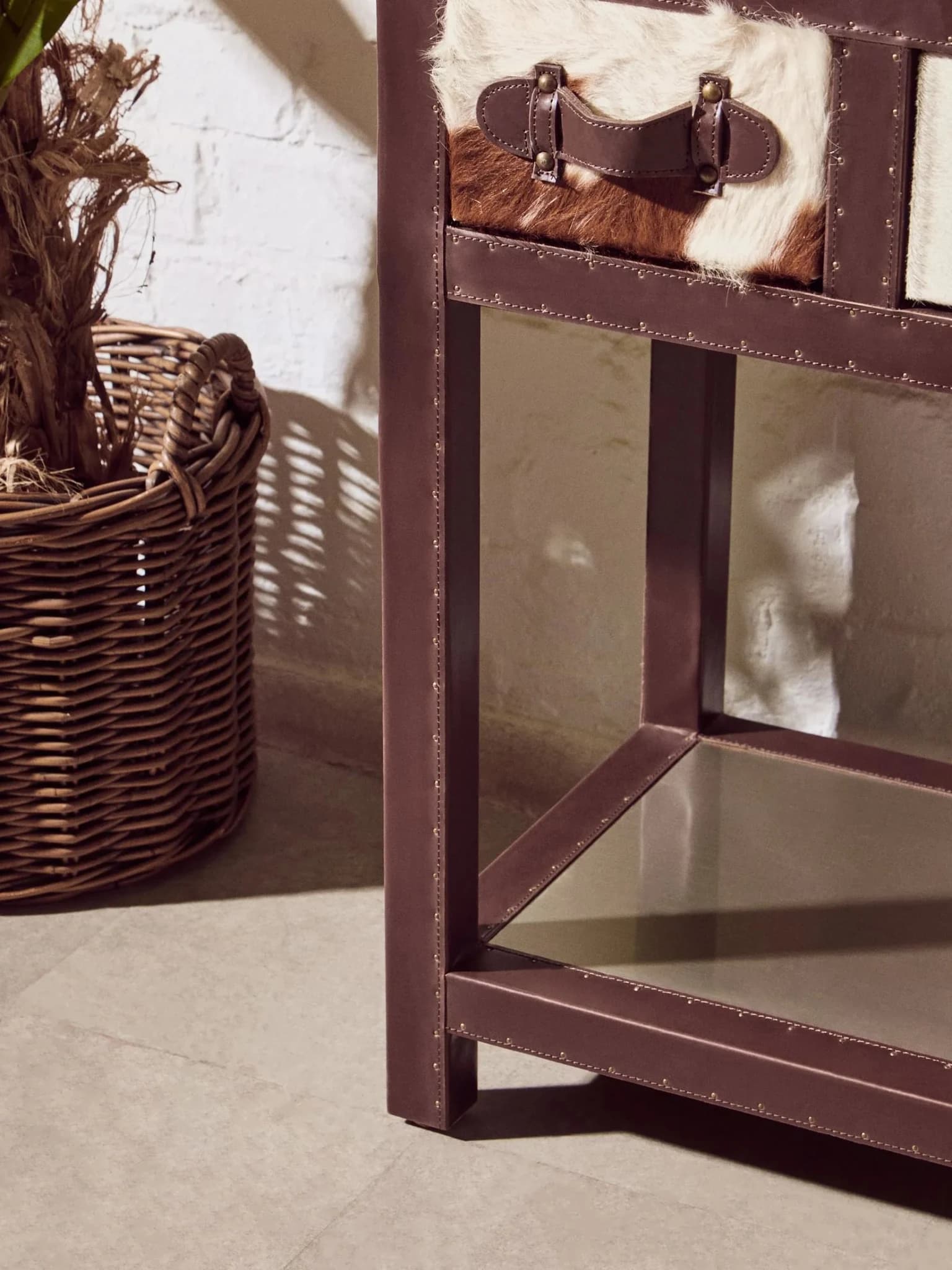 Kensington Townhouse Brown And White Hair on Leather 3 Drawer Console Table - Tables, photo 3 of 8