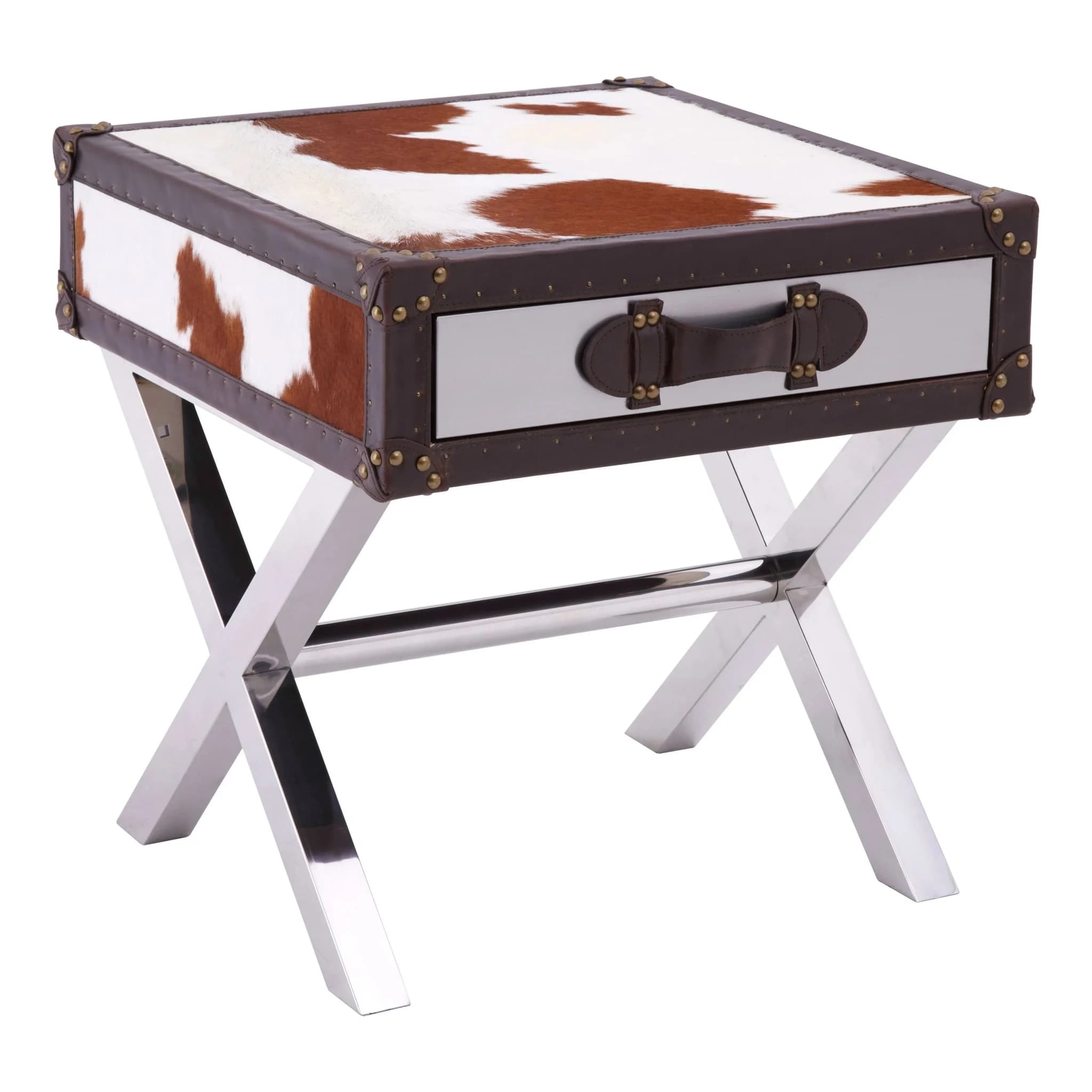 Kensington Townhouse Brown And White Hair on Leather Side Table - Tables, photo 5 of 6