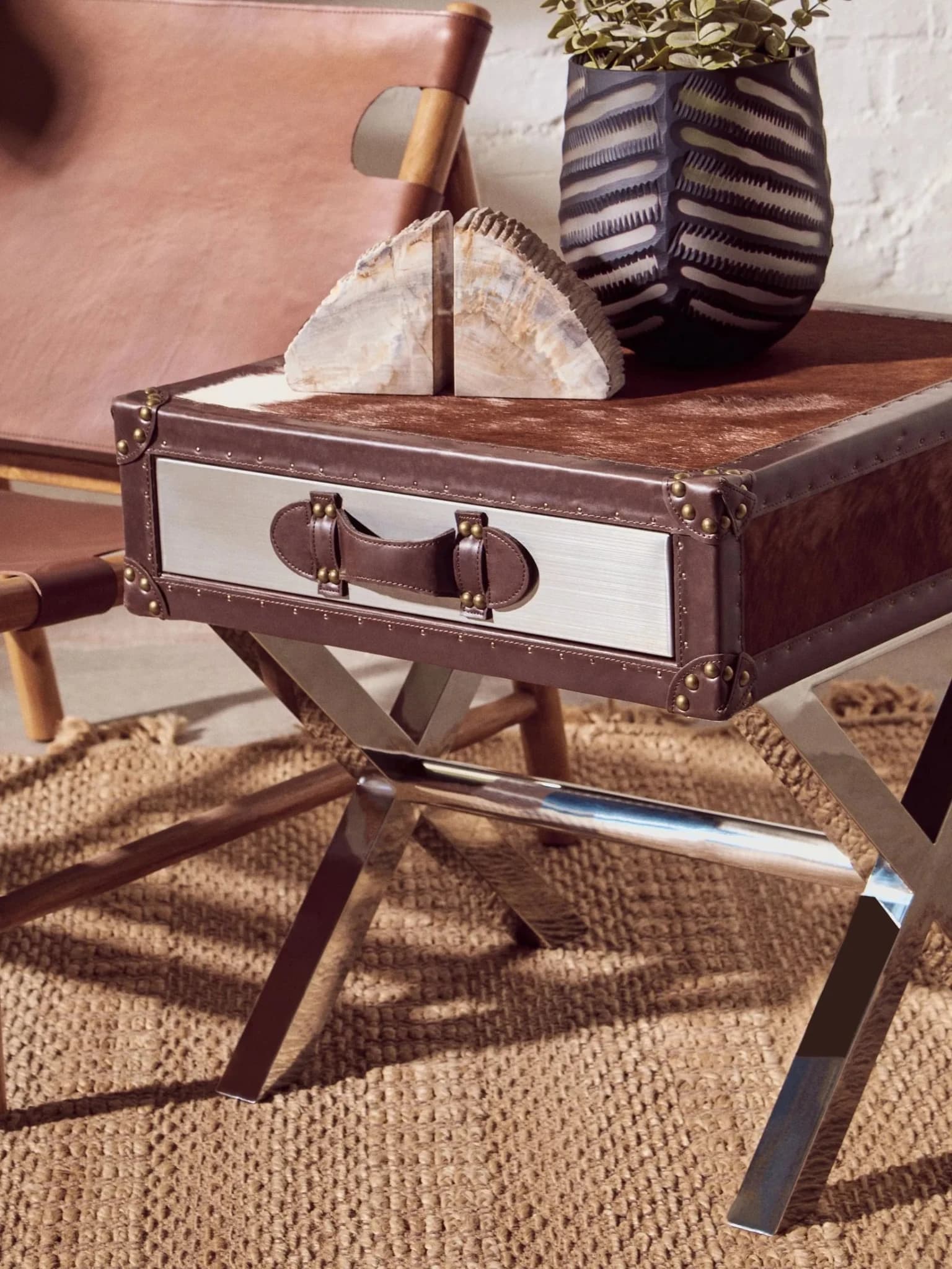 Kensington Townhouse Brown And White Hair on Leather Side Table - Tables, photo 3 of 6