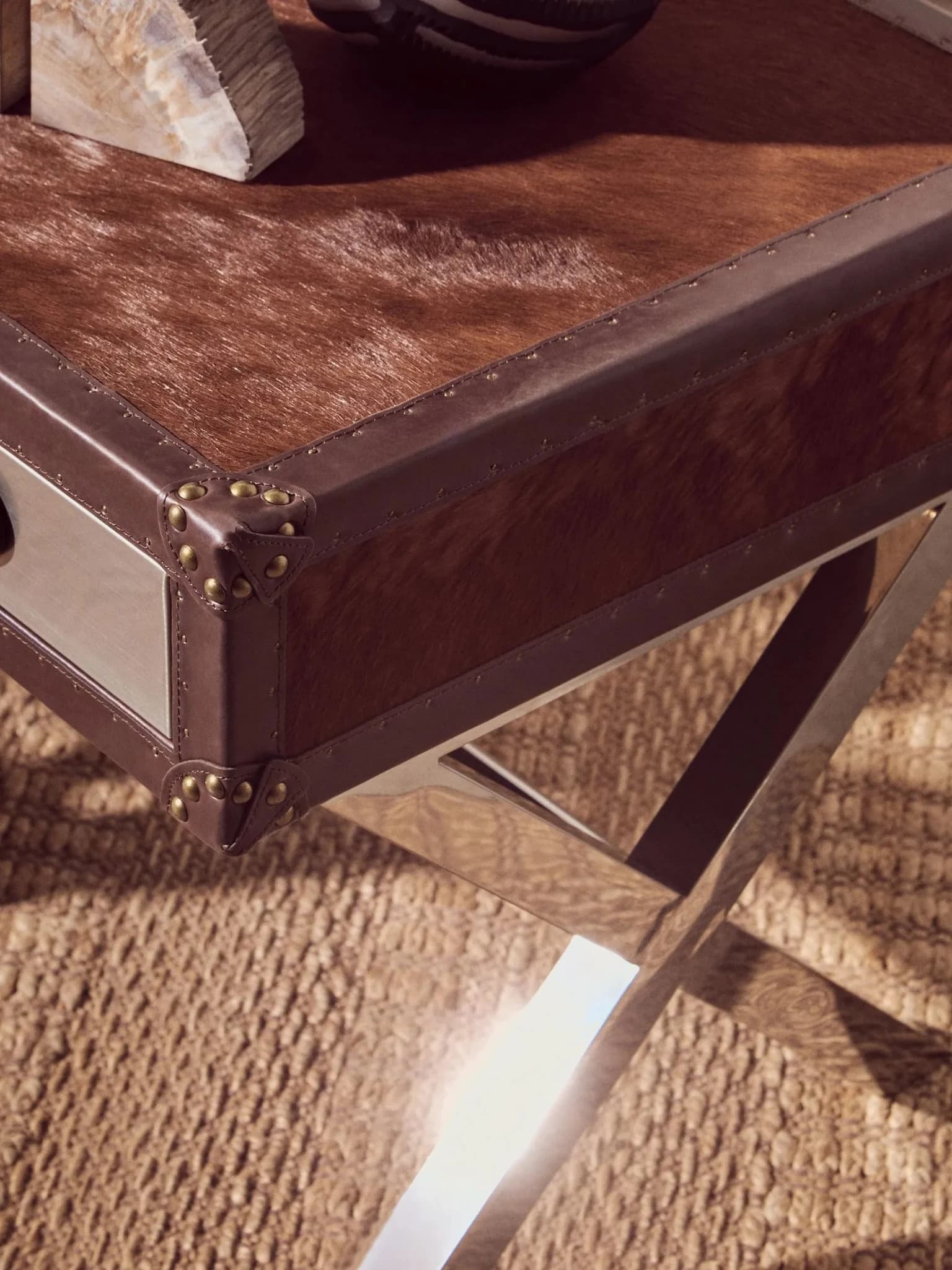 Kensington Townhouse Brown And White Hair on Leather Side Table - Tables, photo 2 of 6