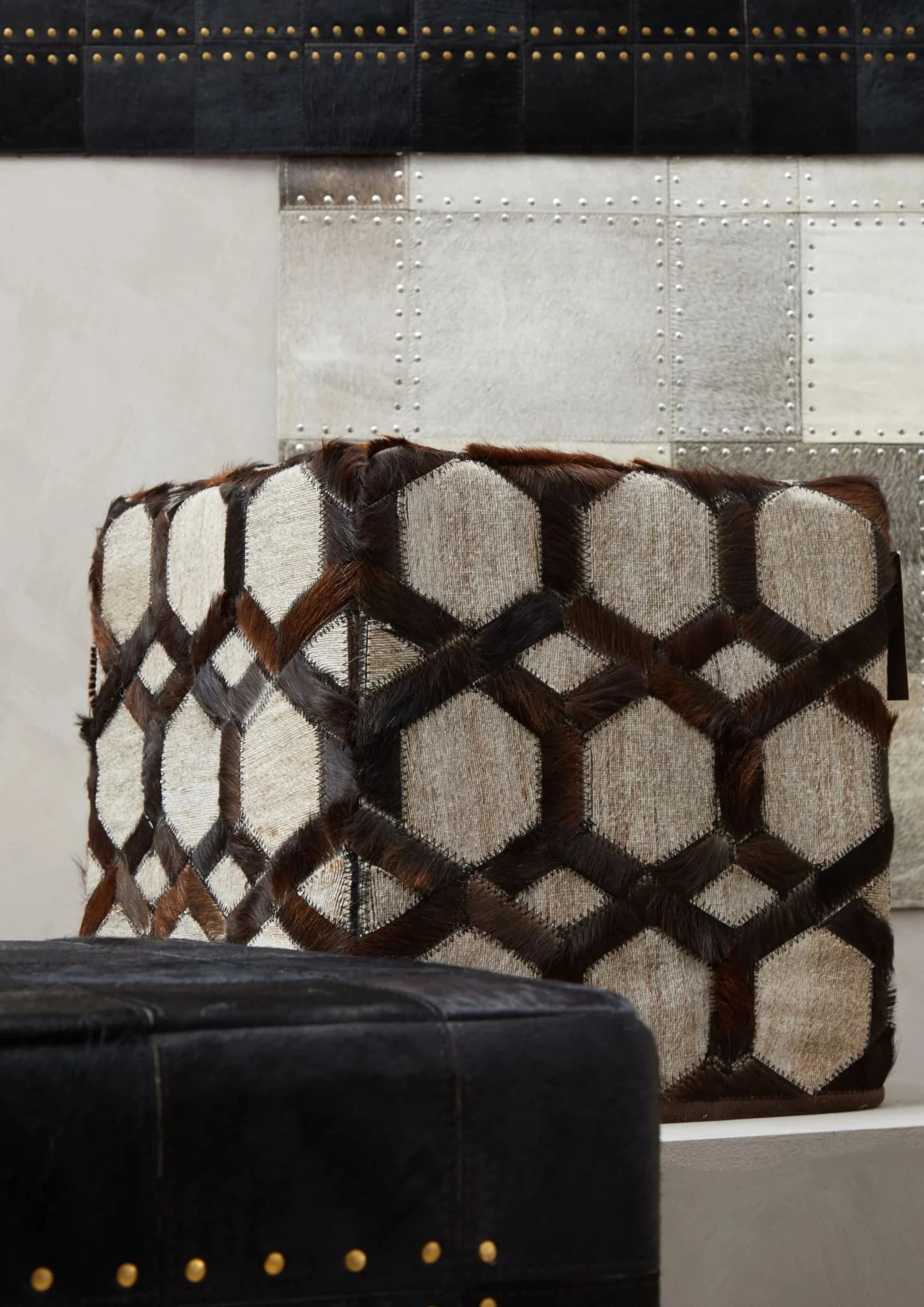 Safira Genuine Grey Leather Patchwork Pouffe - Decorative, photo 2 of 5
