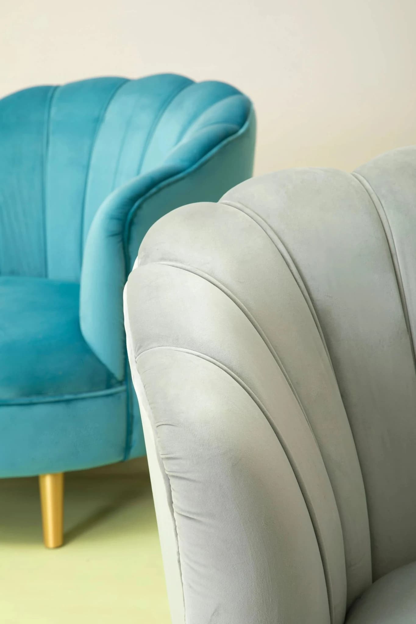 Orlina Grey Velvet Scalloped Curved Chair With Gold Wood Legs - Seating, photo 4 of 8