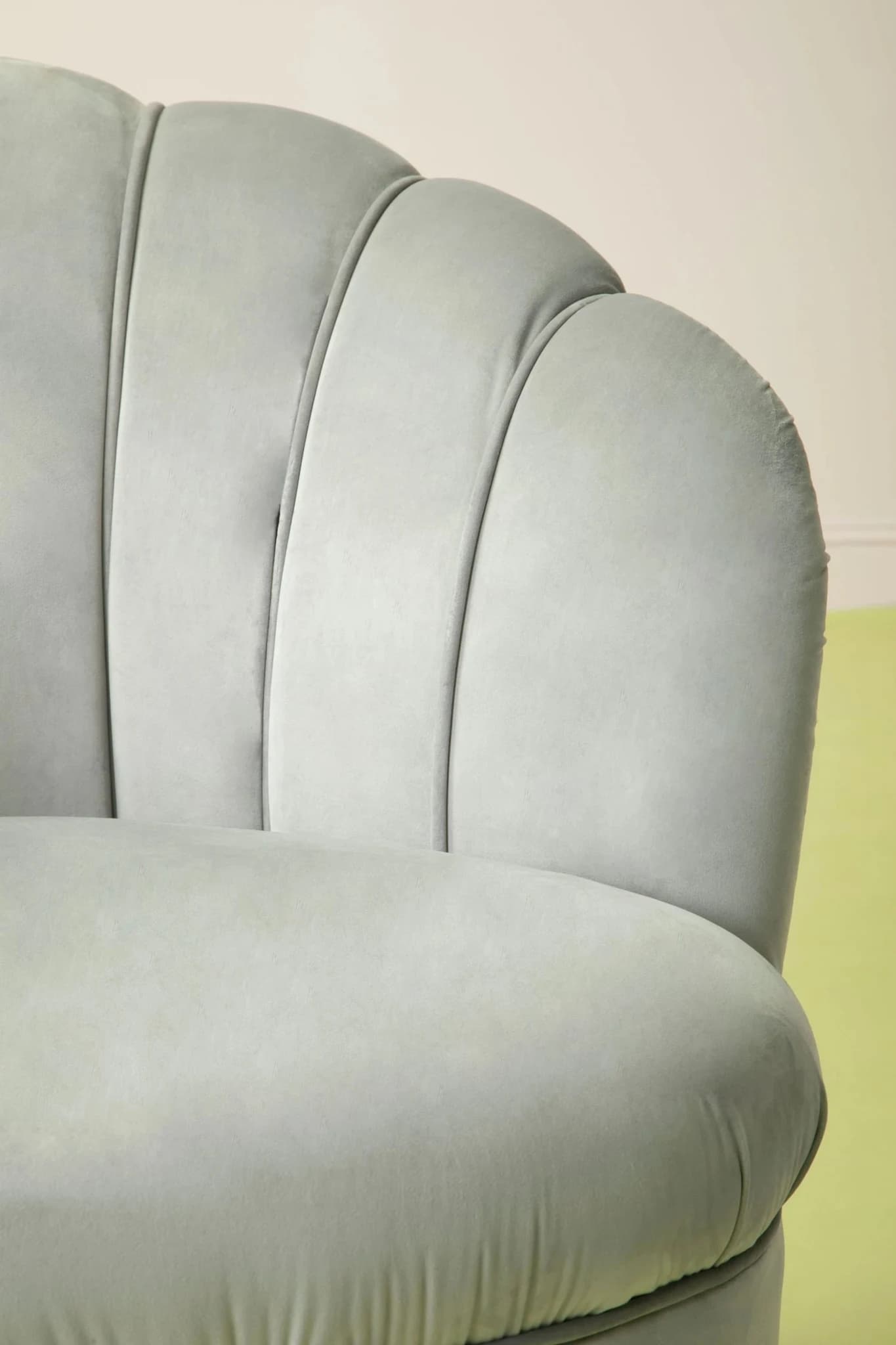 Orlina Grey Velvet Scalloped Curved Chair With Gold Wood Legs - Seating, photo 3 of 8