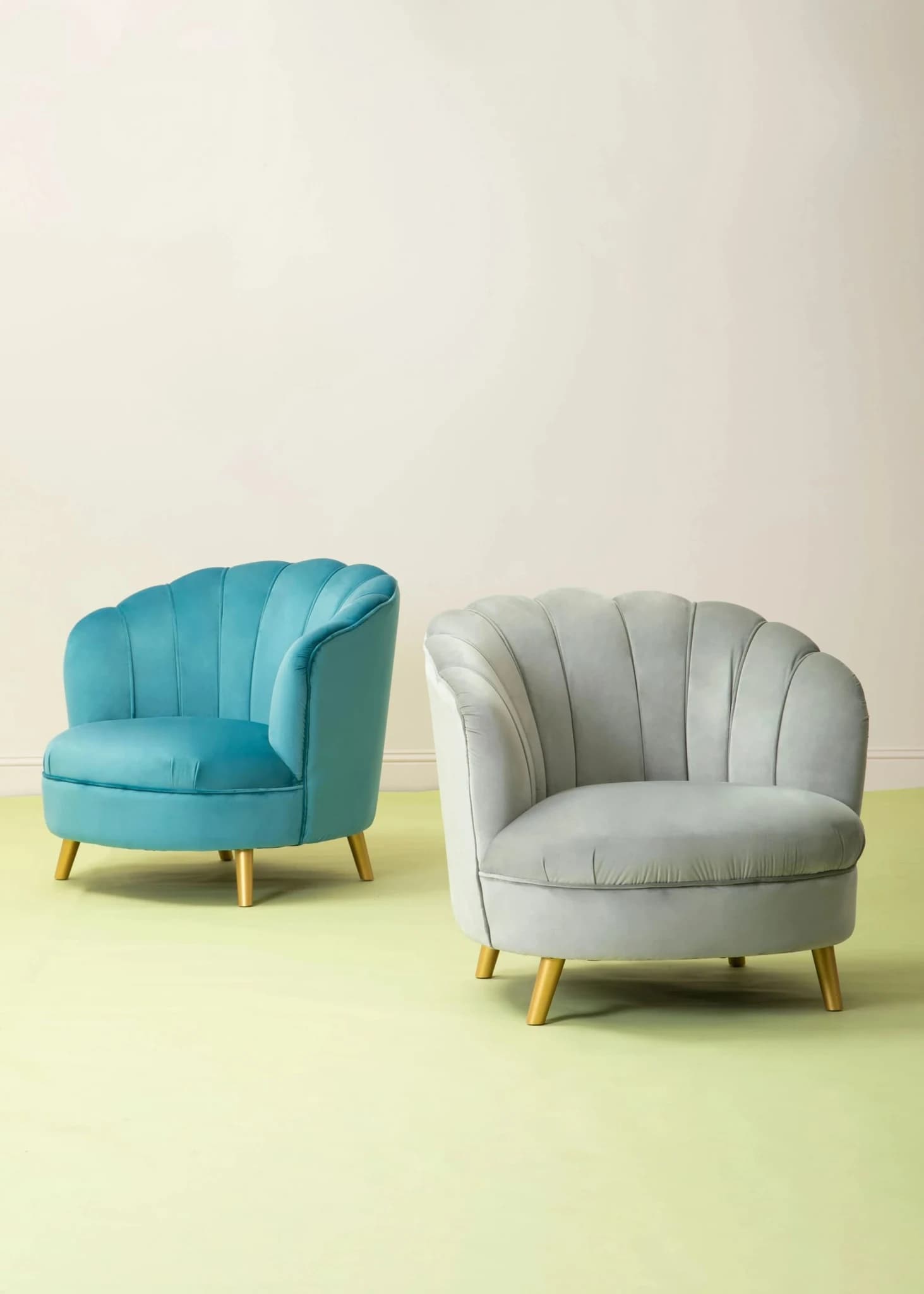Orlina Blue Velvet Scalloped Curved Chair With Gold Wood Legs - Seating, photo 5 of 8