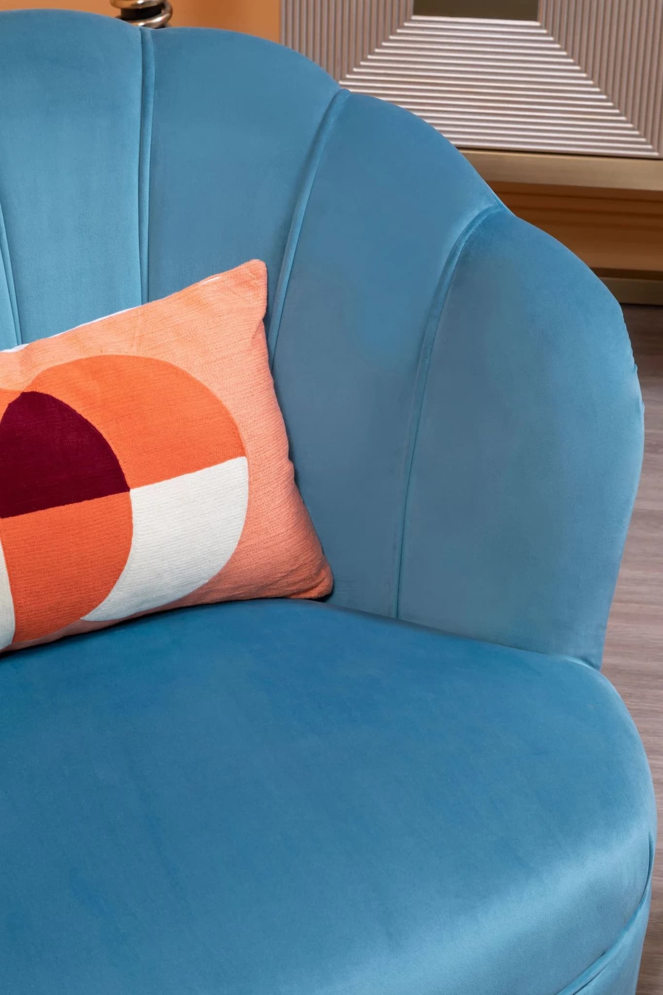 Orlina Blue Velvet Scalloped Curved Chair With Gold Wood Legs - Seating, photo 3 of 8