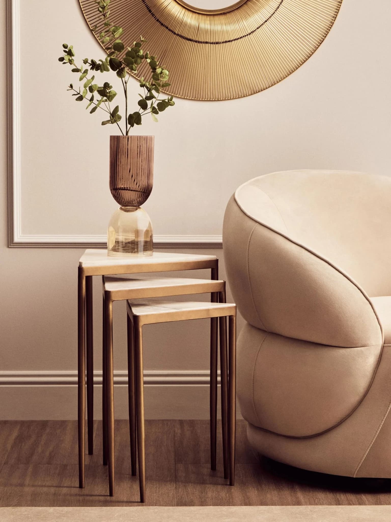 Shalimar White Marble and Gold Finish Set of 3 Triangle Nesting Tables - Tables, photo 5 of 8