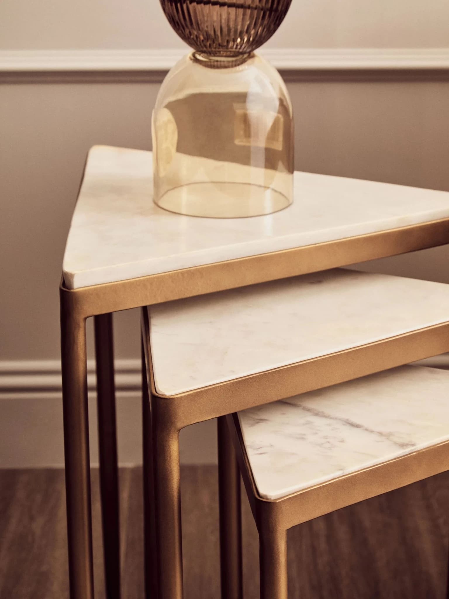 Shalimar White Marble and Gold Finish Set of 3 Triangle Nesting Tables - Tables, photo 3 of 8