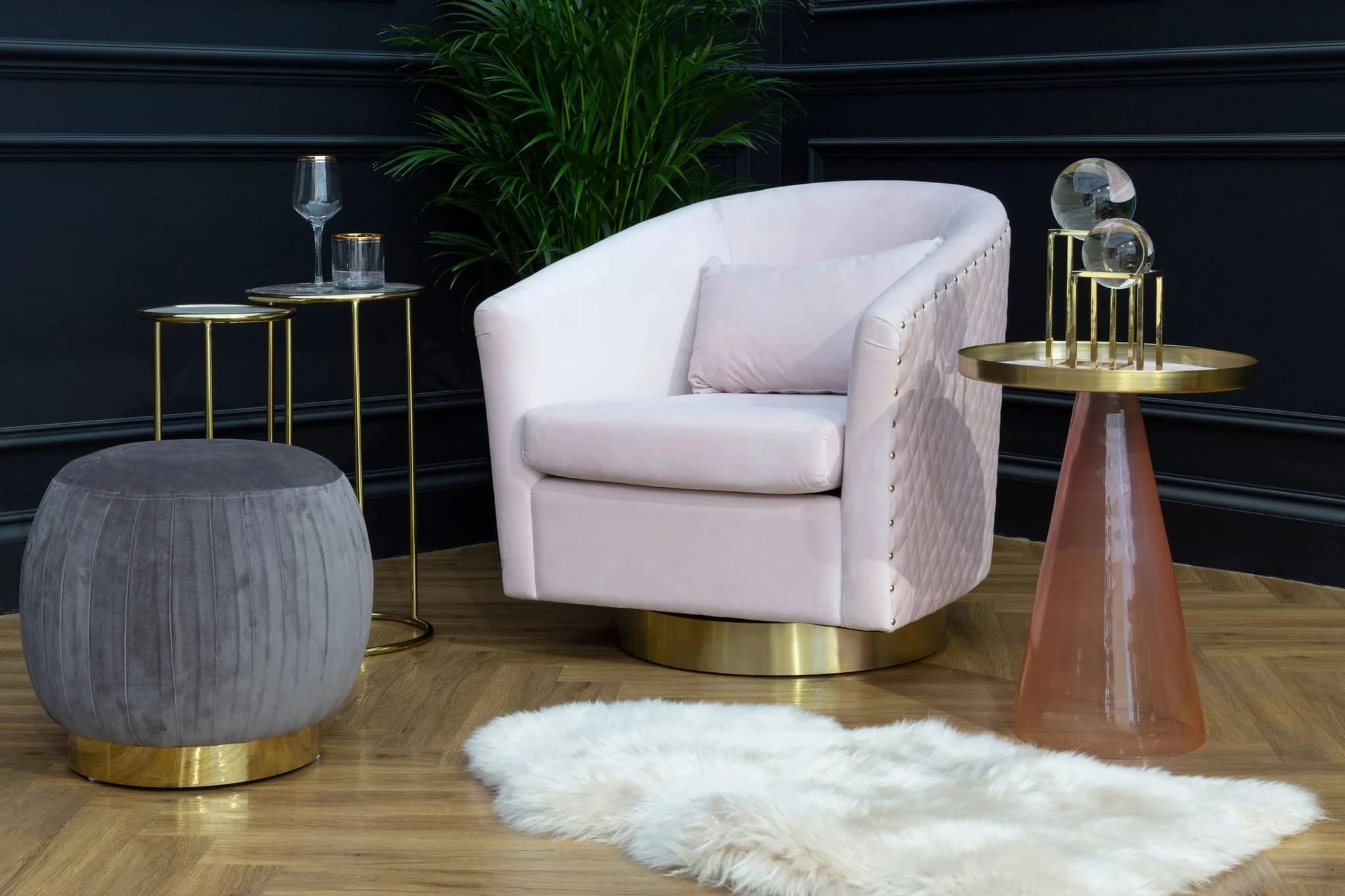 Plazoni Pink Velvet Swivel Chair with Gold Base - Seating, photo 4 of 8