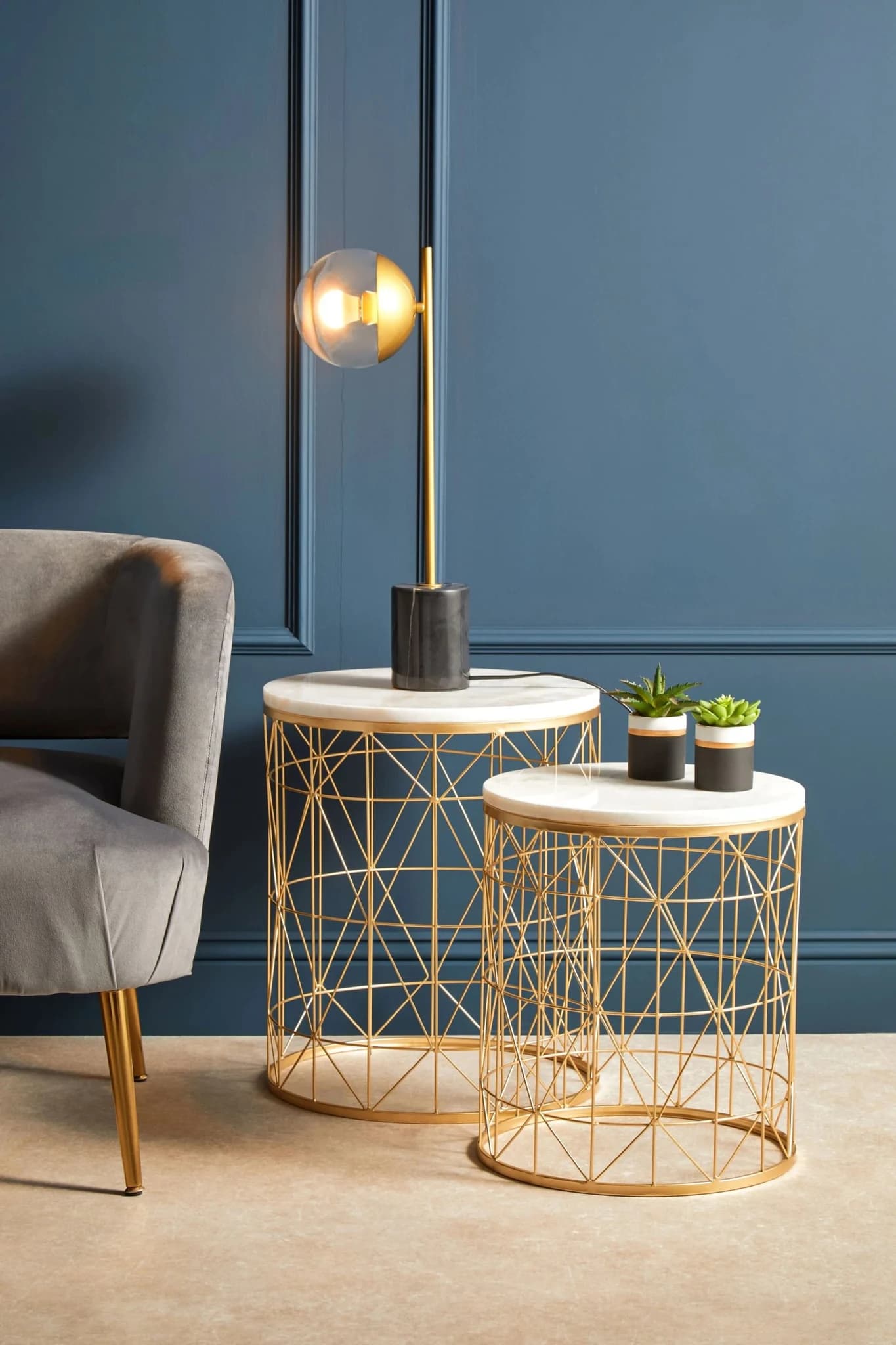 Avantis Gold Finish and White Marble Set Of 2 Round Side Tables - Tables, photo 8 of 8