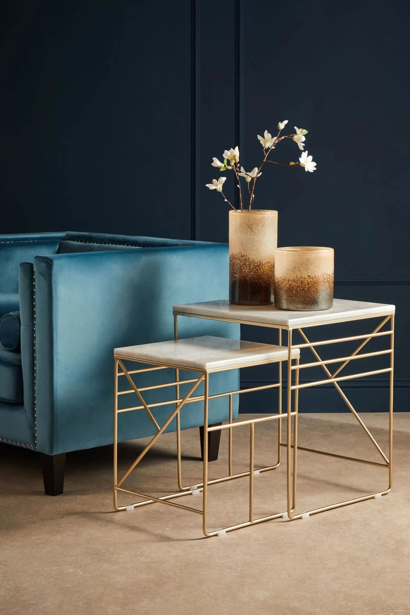 Avantis Gold Finish and White Marble Set Of 2 Square Nesting Tables - Tables, photo 4 of 7