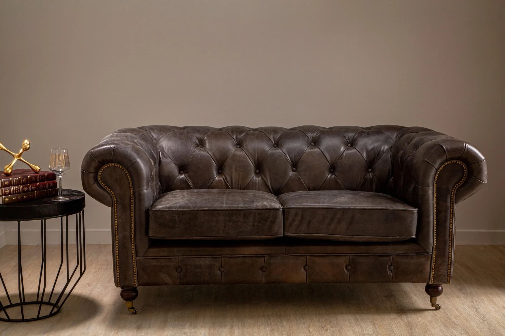 Victor Dark Grey Brown Leather Chesterfield 2 Seat Sofa - Seating, photo 3 of 8