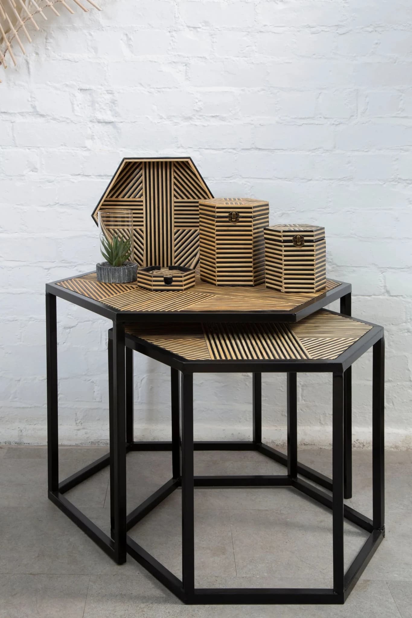 Babita Bamboo Inlay Set of 2 Hexagon Nest of Tables - Tables, photo 3 of 6