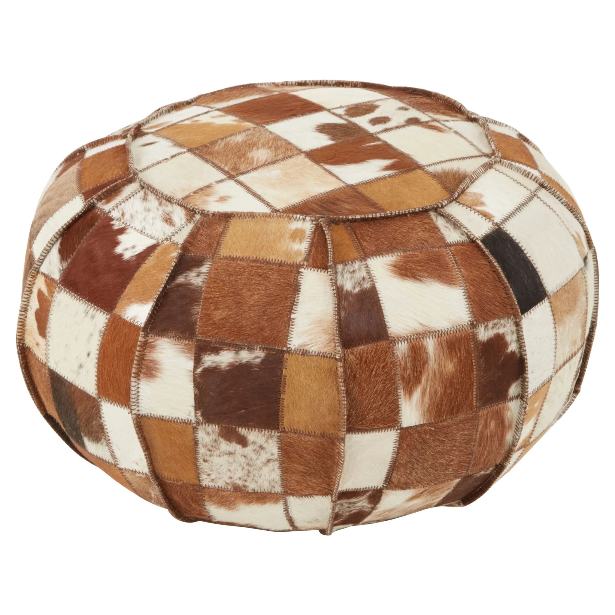 Buffalo Brown and Cream Hair on Leather Patchwork Pouffe - Decorative, photo 2 of 4