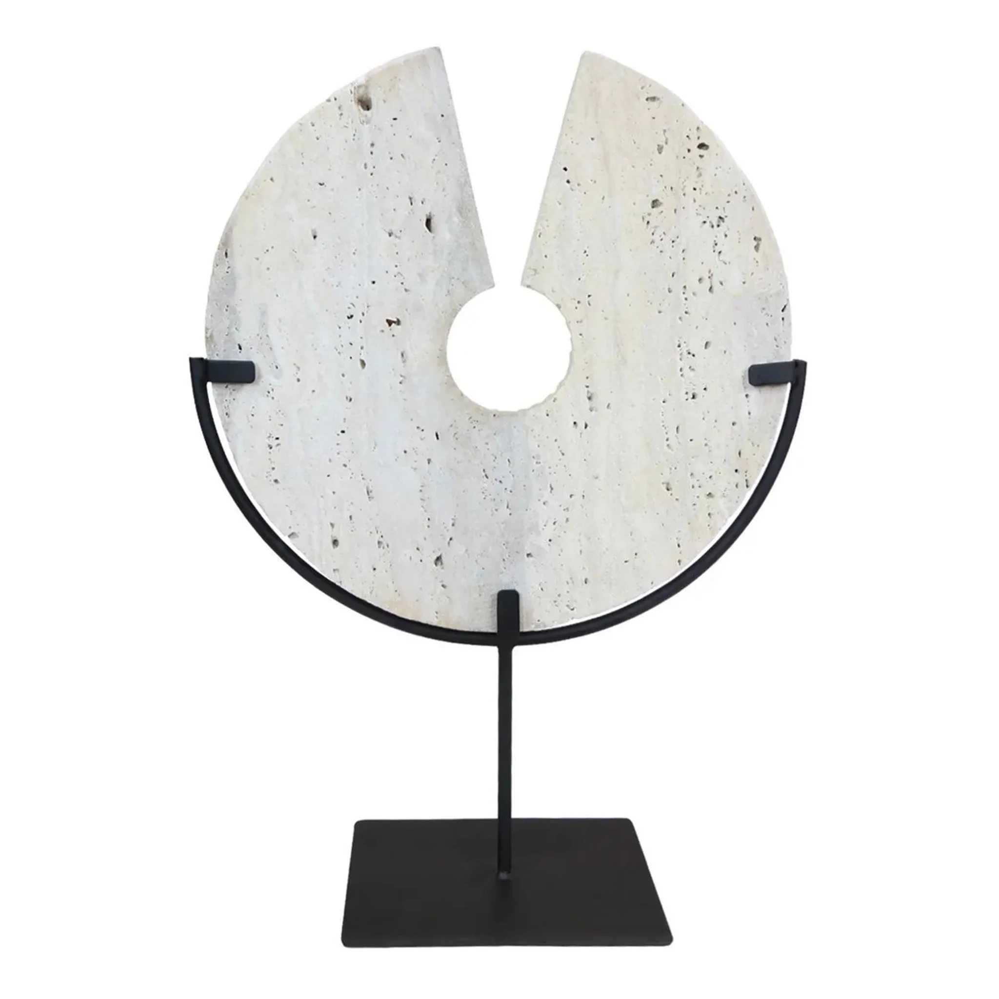 Tibor Travertine Ridged Disc Sculpture with Black Metal Base - Decorative, photo 7 of 8