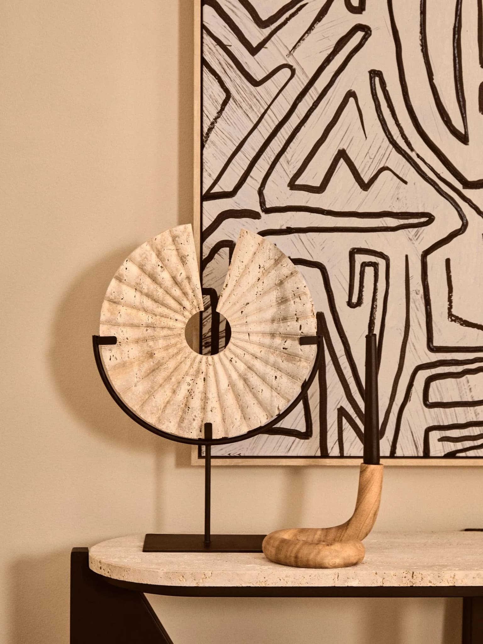 Tibor Travertine Ridged Disc Sculpture with Black Metal Base - Decorative, photo 5 of 8