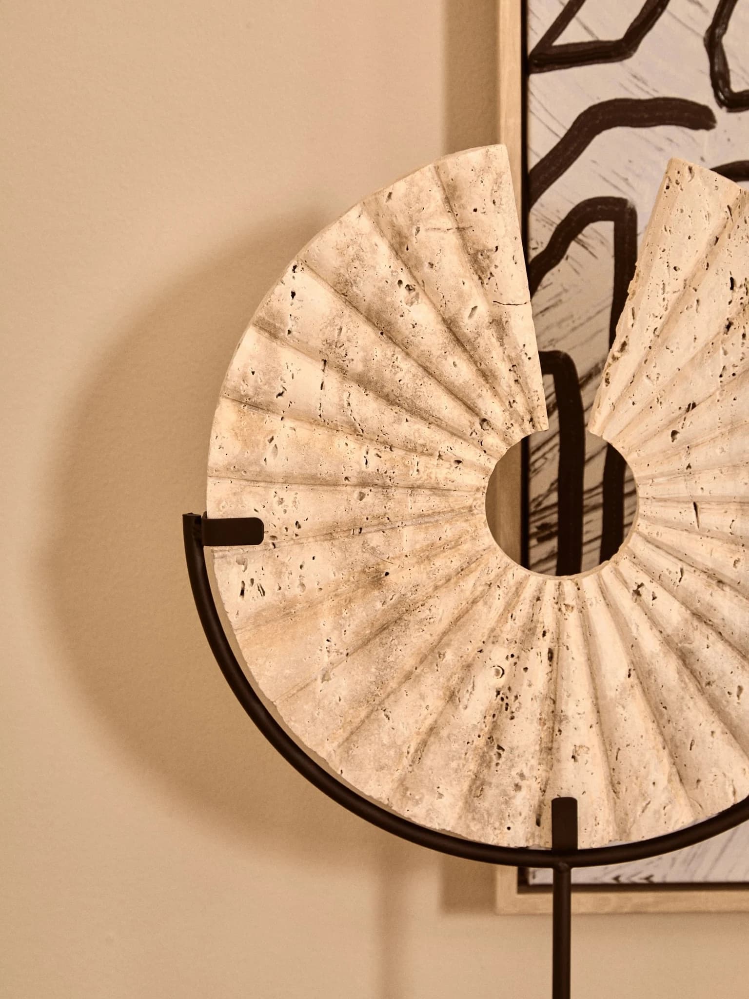 Tibor Travertine Ridged Disc Sculpture with Black Metal Base - Decorative, photo 4 of 8