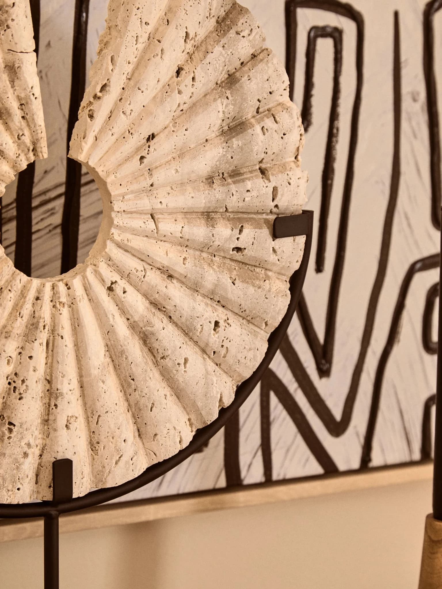 Tibor Travertine Ridged Disc Sculpture with Black Metal Base - Decorative, photo 3 of 8