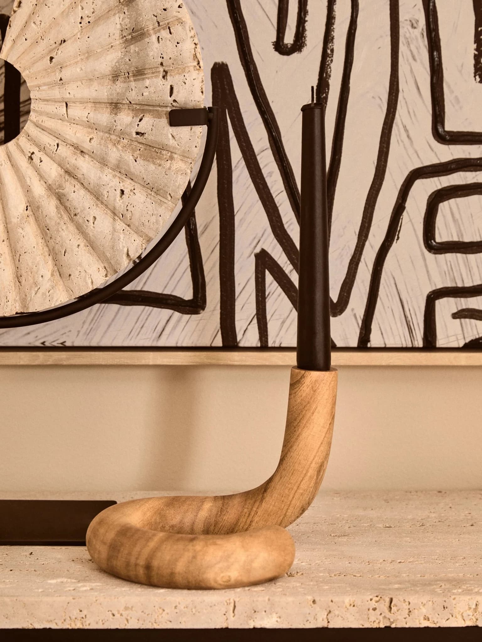 Tibor Travertine Ridged Disc Sculpture with Black Metal Base - Decorative, photo 2 of 8