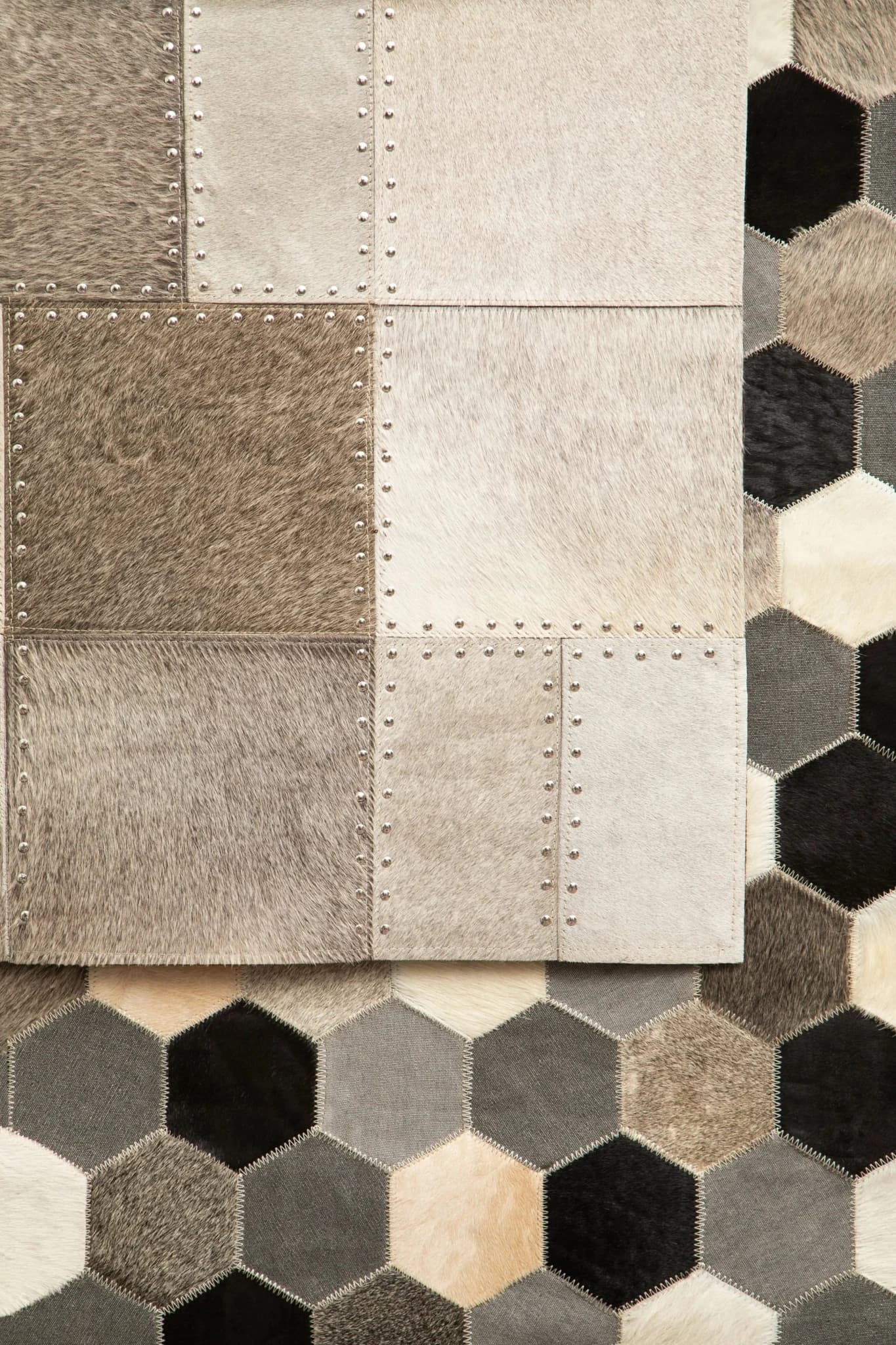 Bosie Safira Grey Hair on Leather Patchwork with Studs Small Rug - Decorative, photo 2 of 6
