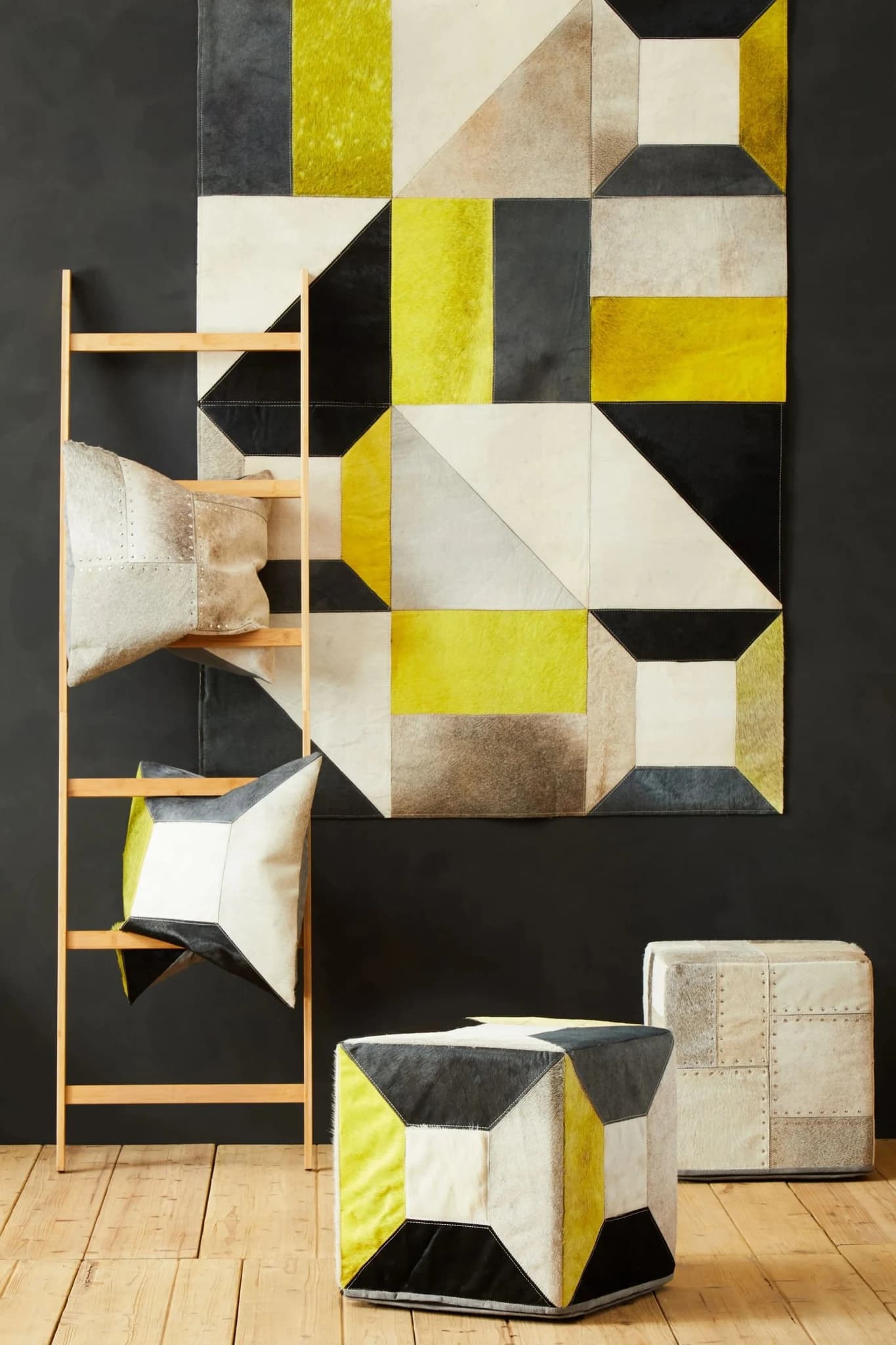 Bosie Safira Geometric Hair on Leather Patchwork Cushion - Decorative, photo 2 of 8