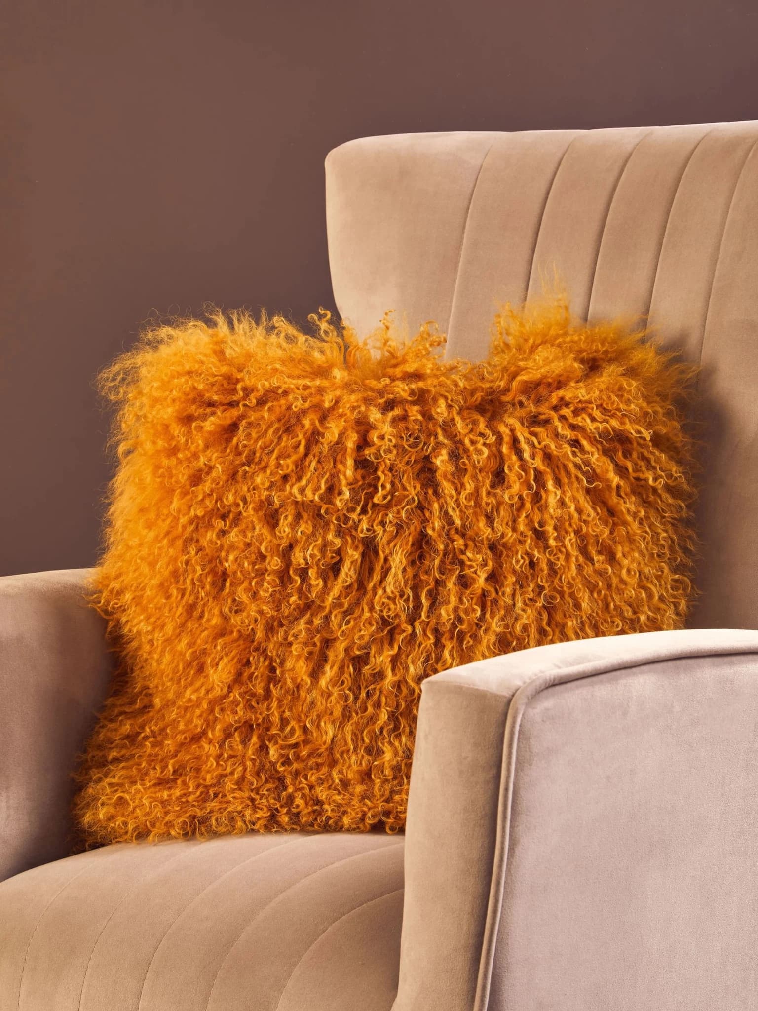 Bosie Real Mongolian Fur Ochre Square Cushion - Decorative, photo 7 of 8